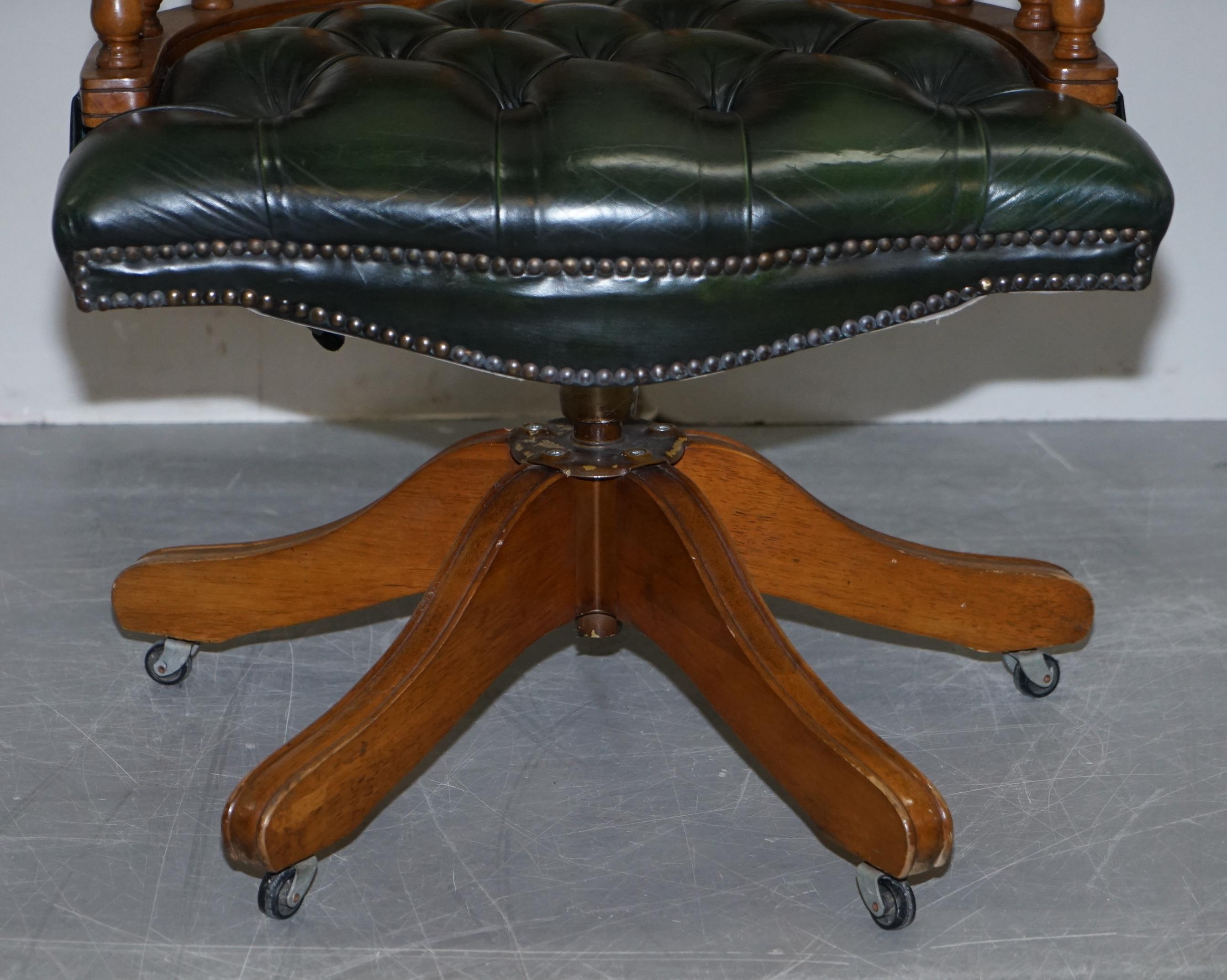 Chesterfield Directors Green Leather and Oak Executive Captains Office Chair 1