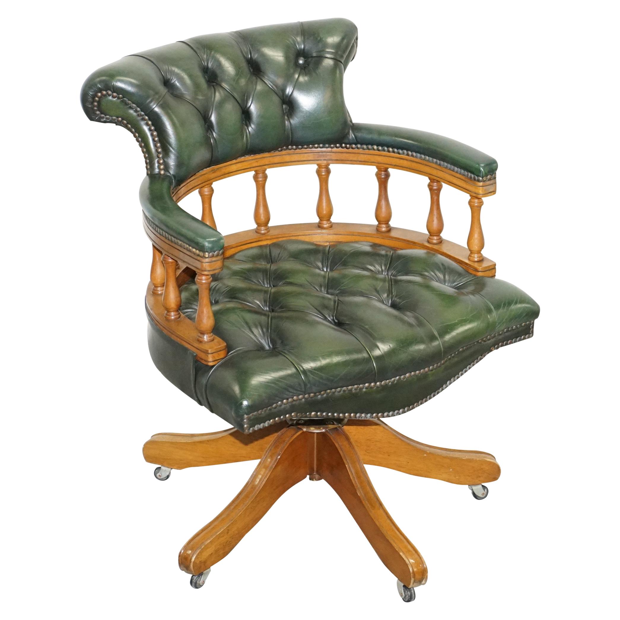 Chesterfield Directors Green Leather and Oak Executive Captains Office Chair
