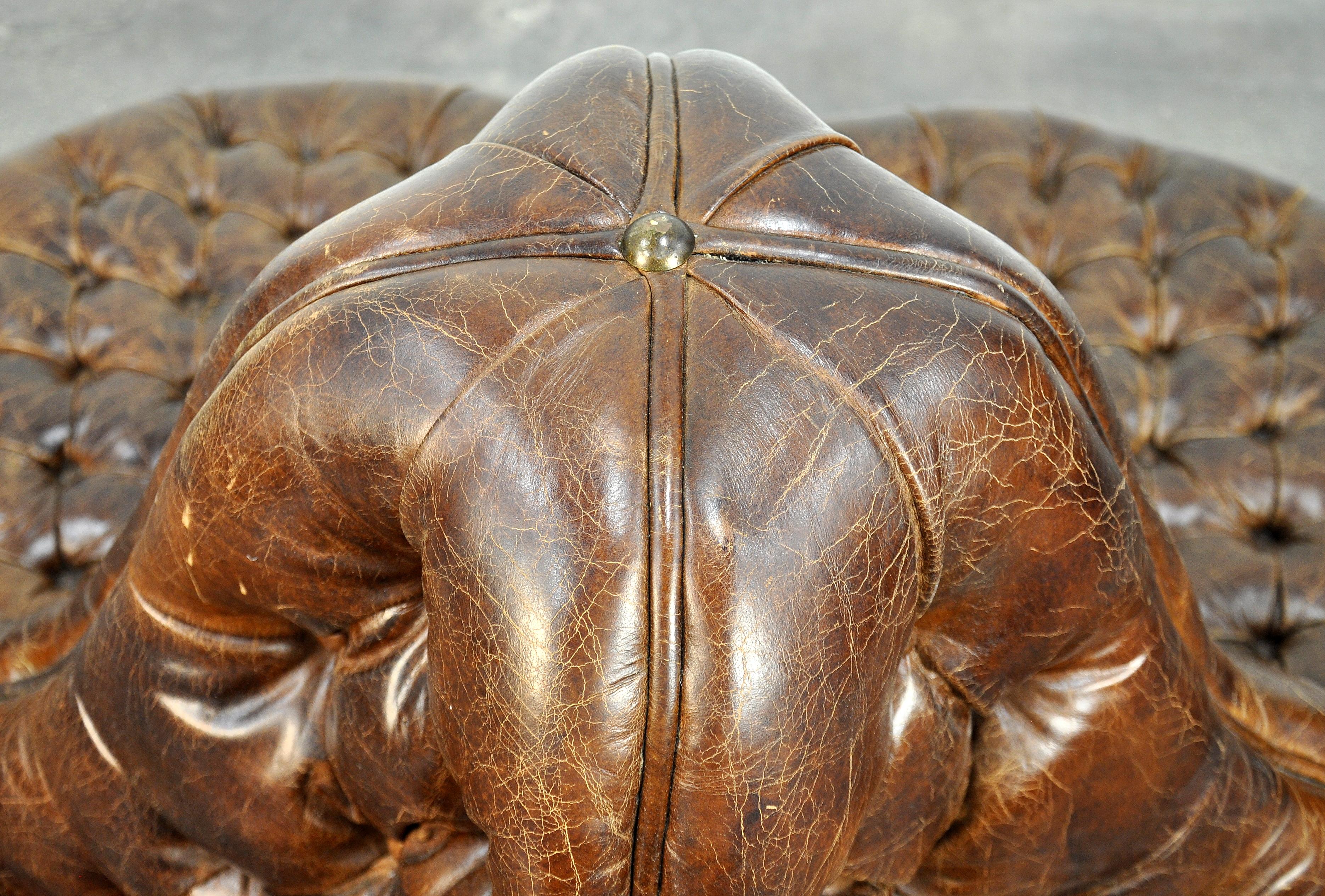 Chesterfield Distressed Leather and Brass Round Sofa 5