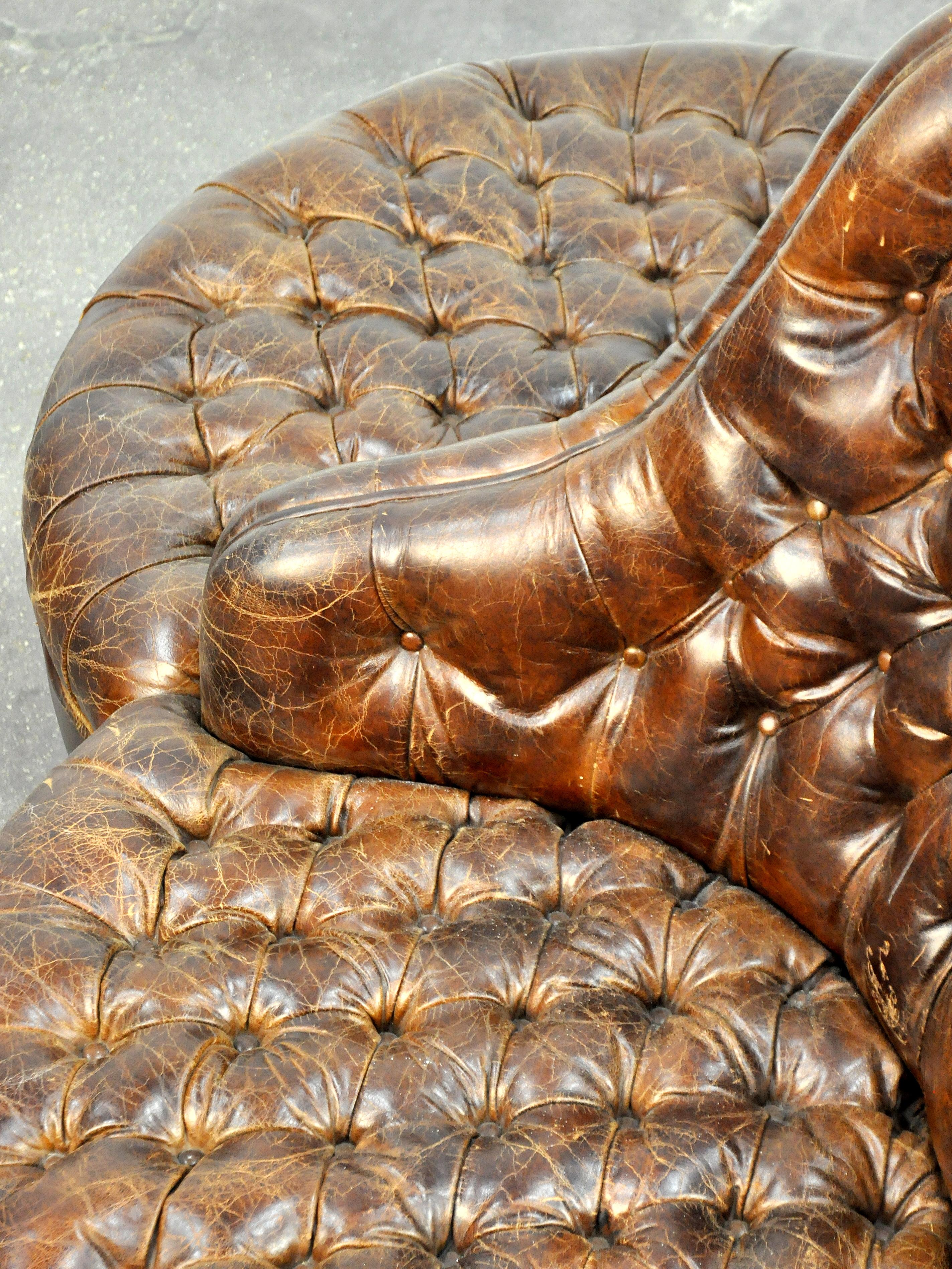 Chesterfield Distressed Leather and Brass Round Sofa 1