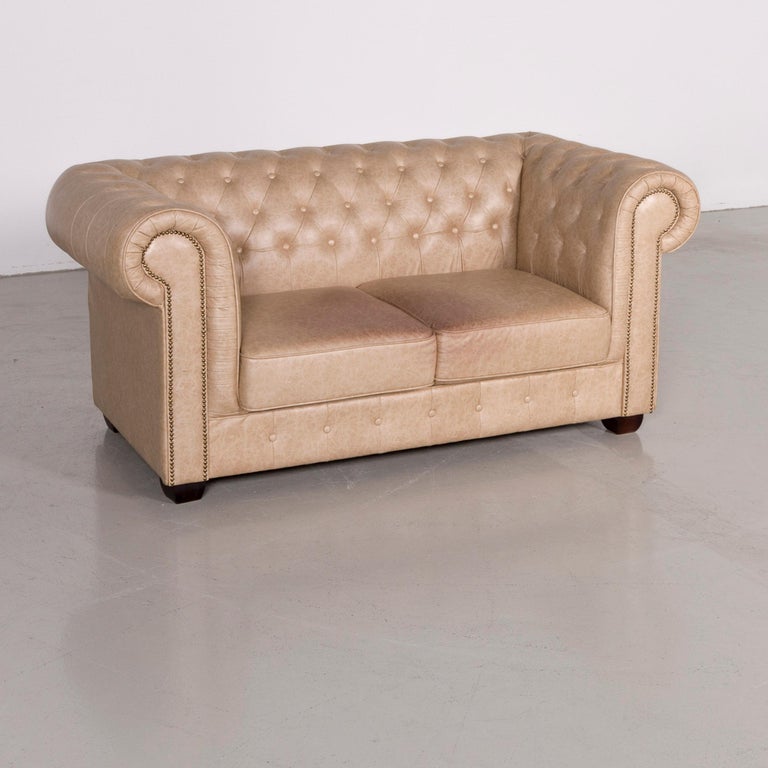 Chesterfield Faux Leather Sofa Beige Two Seat Couch Vintage Retro
