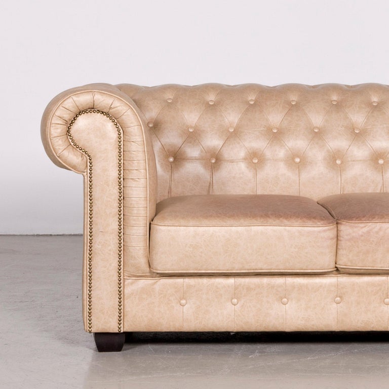 Chesterfield Faux Leather Sofa Beige Two Seat Couch Vintage Retro