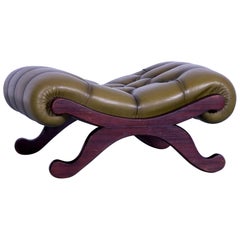 Chesterfield Footstool in Green Leather Buttoned Pouf Wooden Frame Real Vintage
