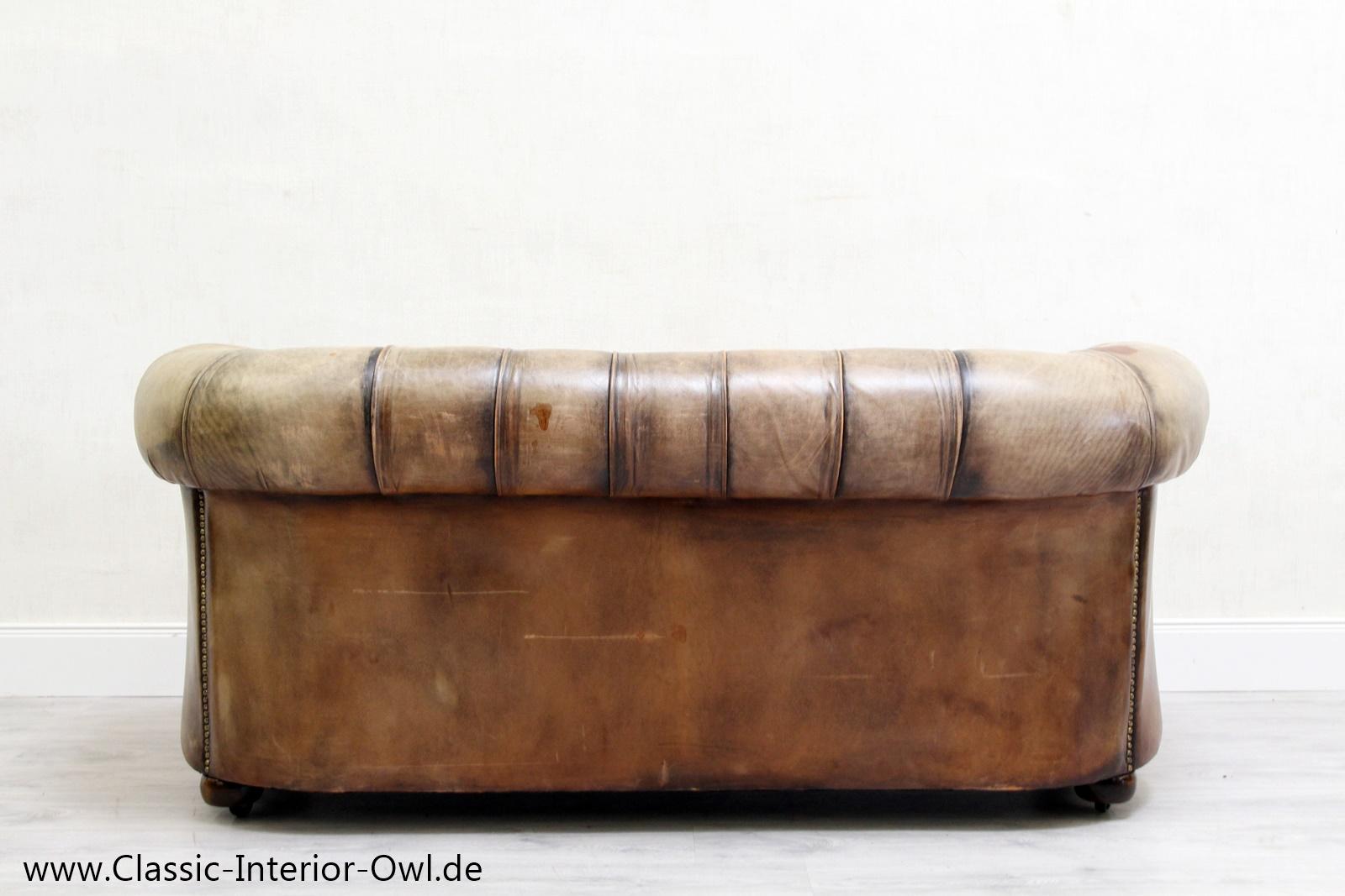 Chesterfield Garnitur Antik Sofa Club Leder Couch 2er Vintage For Sale 3