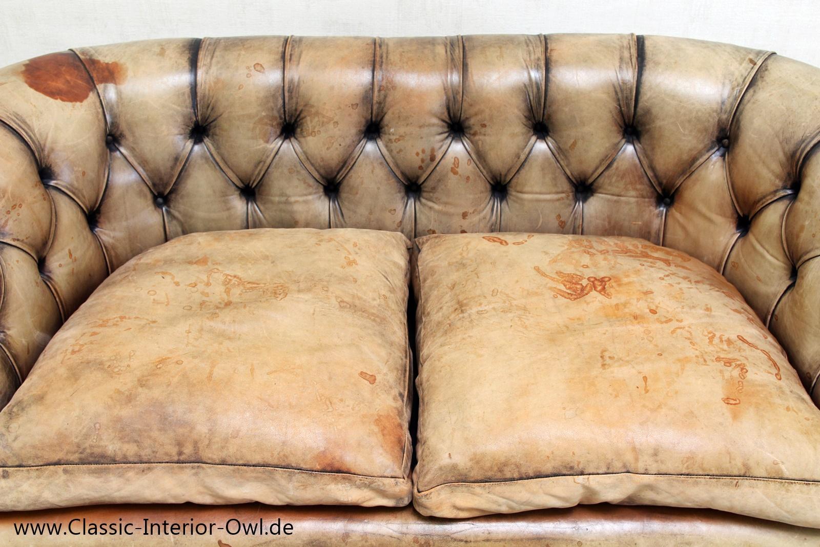 English Chesterfield Garnitur Antik Sofa Club Leder Couch 2er Vintage For Sale