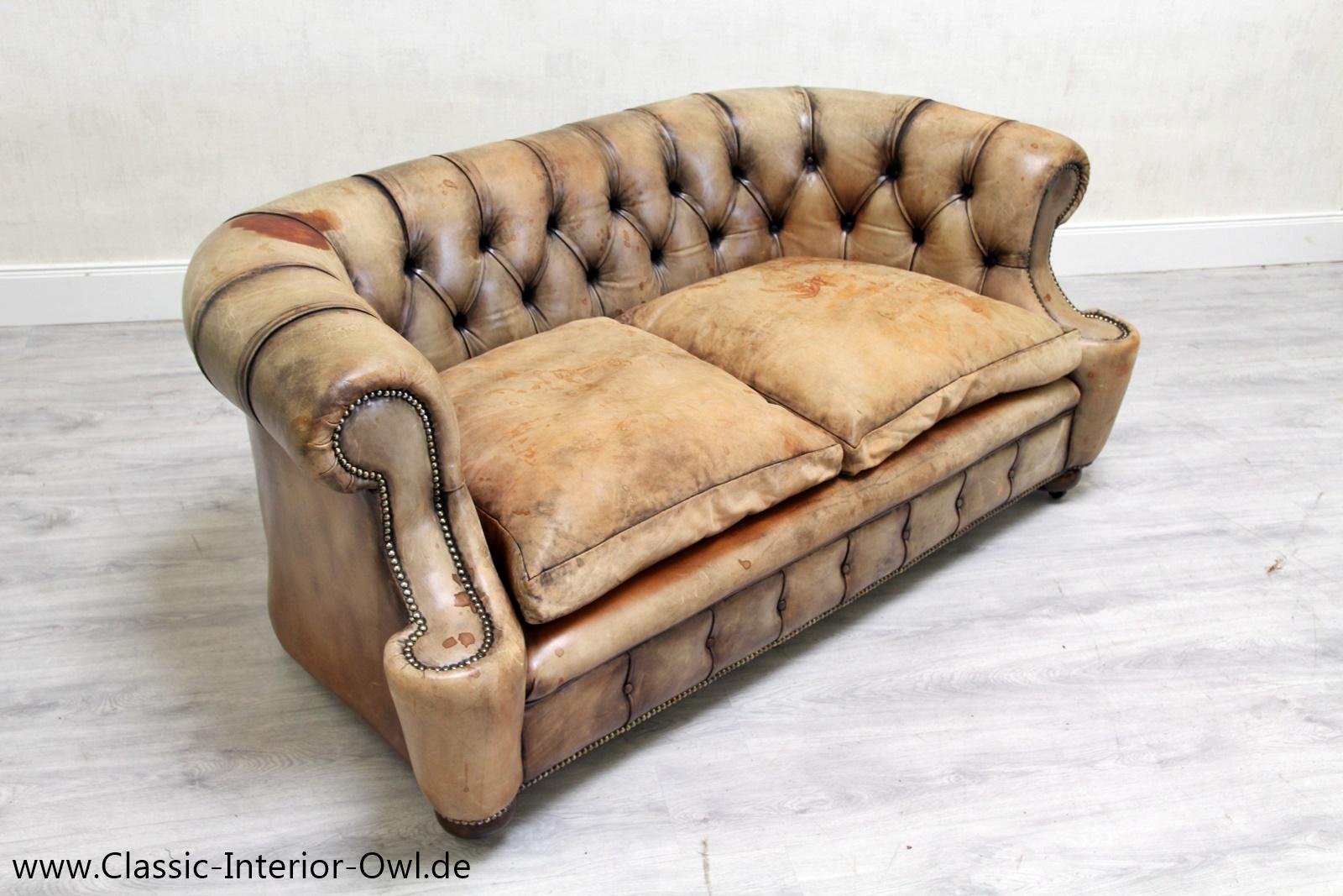 Chesterfield Garnitur Antik Sofa Club Leder Couch 2er Vintage In Good Condition For Sale In Lage, DE