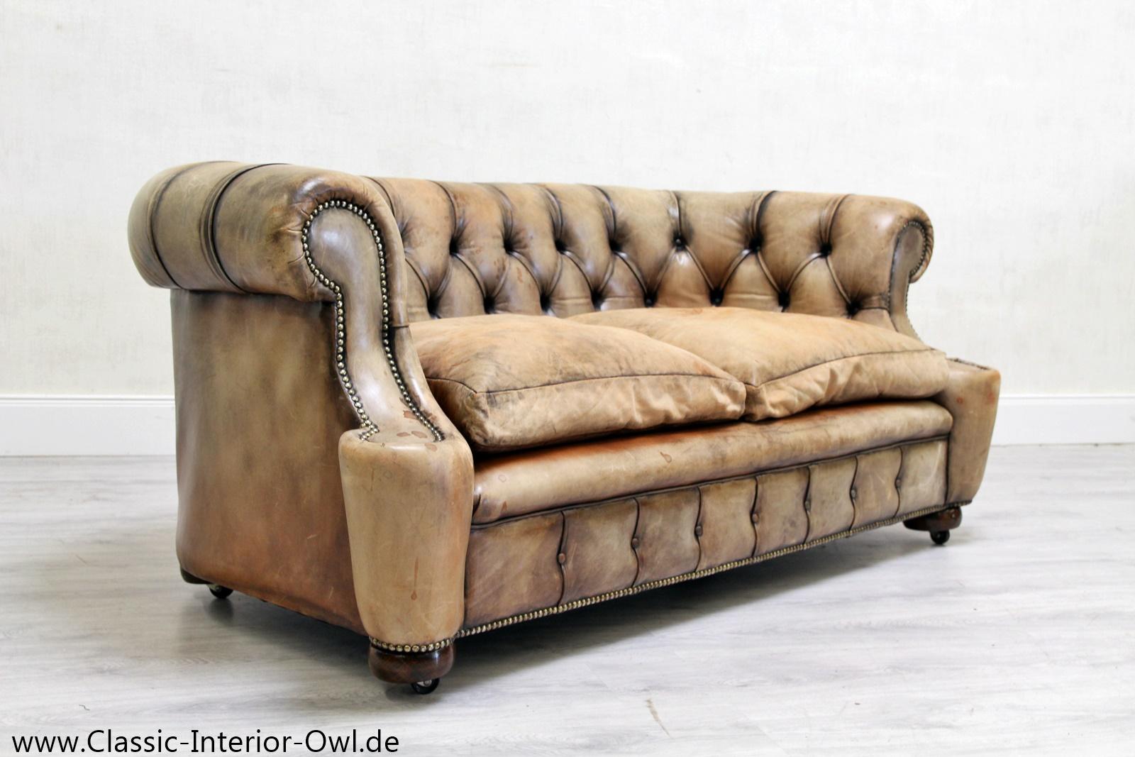 19th Century Chesterfield Garnitur Antik Sofa Club Leder Couch 2er Vintage For Sale