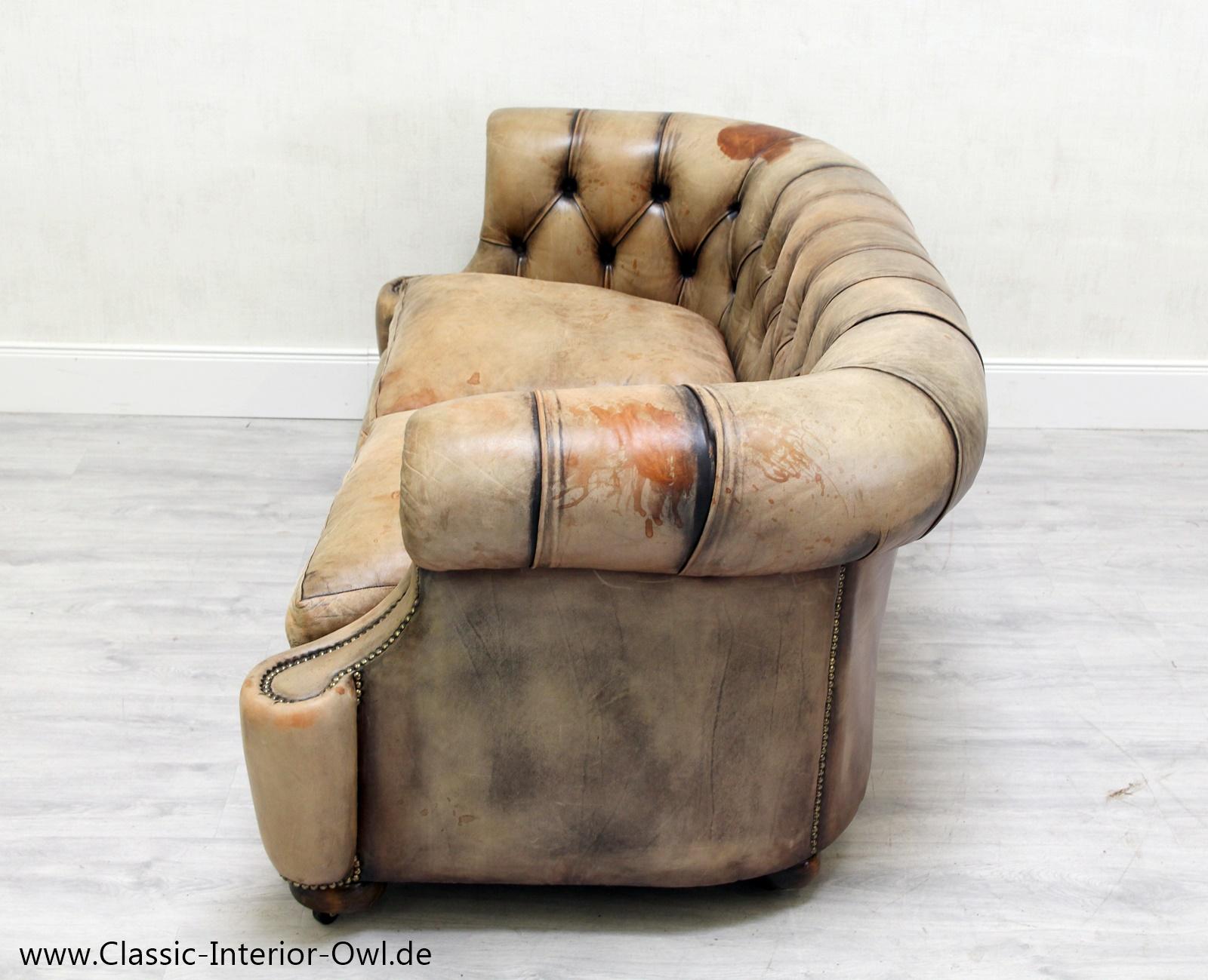 Chesterfield Garnitur Antik Sofa Club Leder Couch 2er Vintage For Sale 1