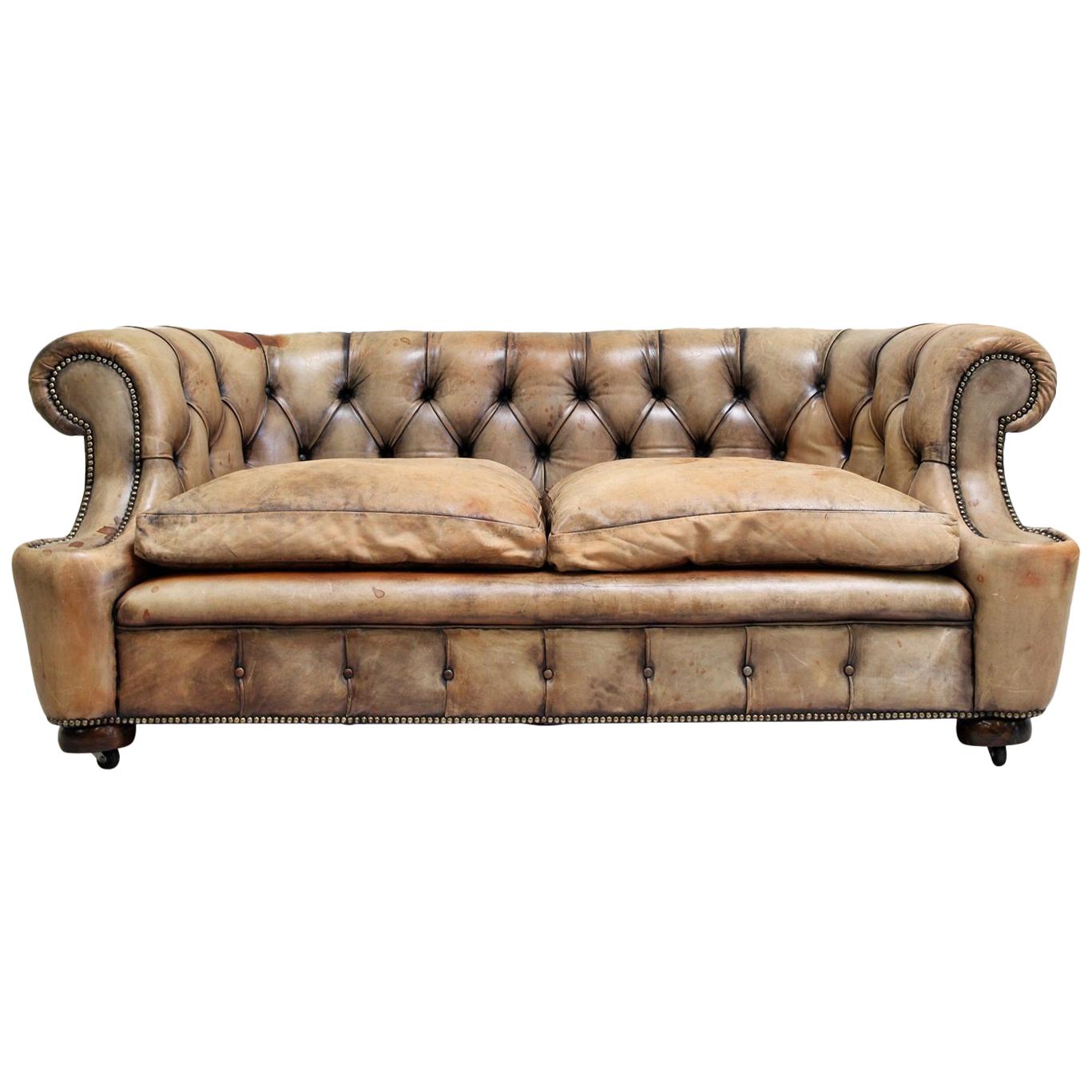 Chesterfield Garnitur Antik Sofa Club Leder Couch 2er Vintage For Sale