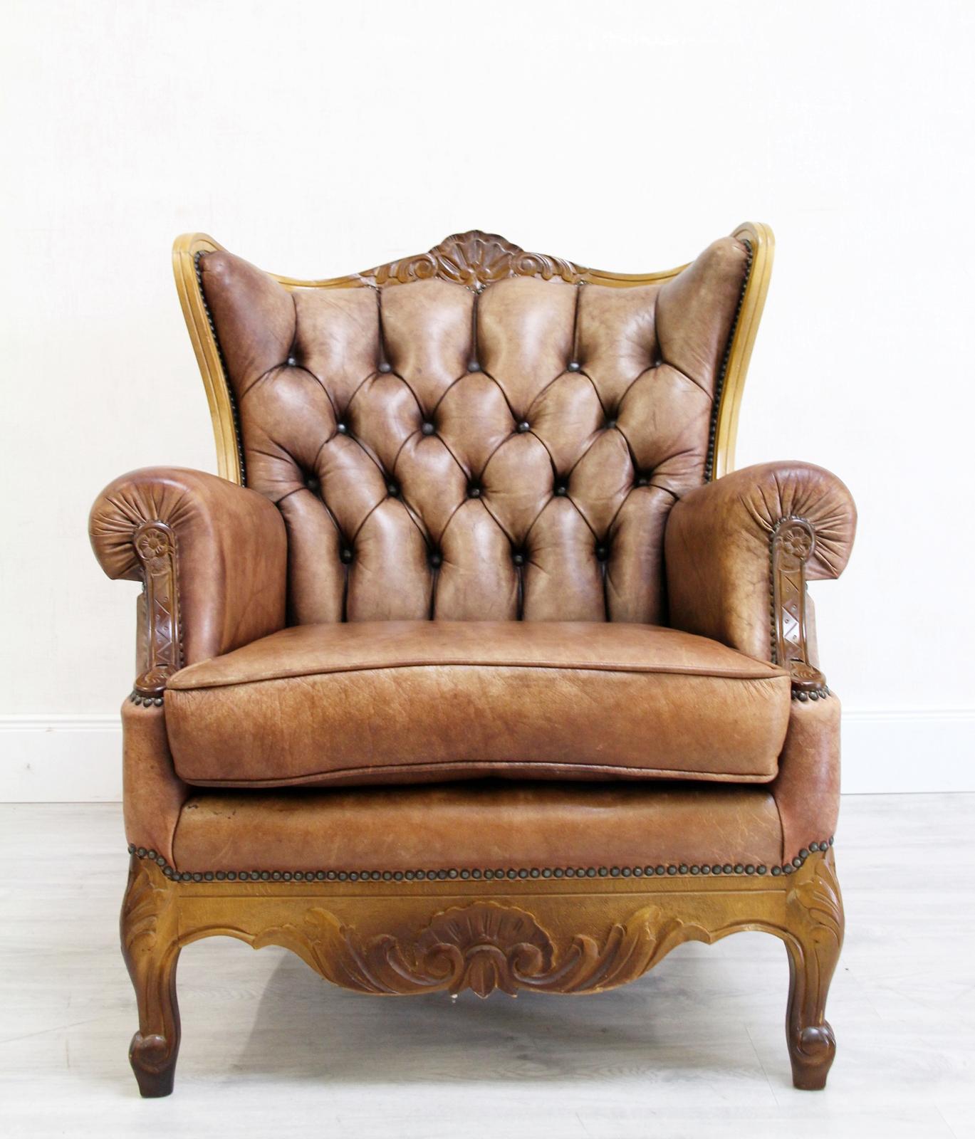 Chesterfield Garnitur Antikes Sofa-Sessel aus Leder 3-1-1 Vintage im Angebot 9