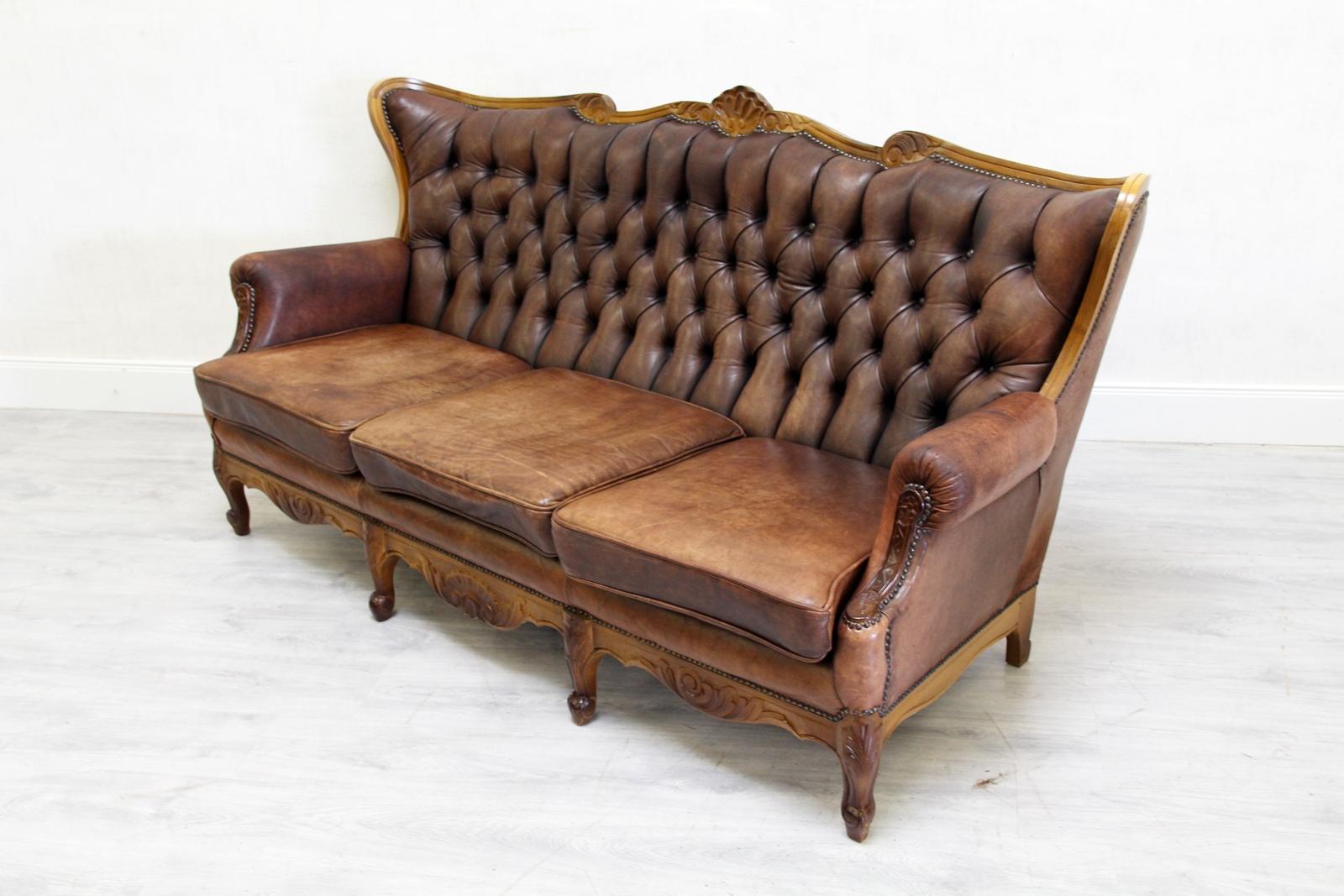 Chesterfield Garnitur Antikes Sofa-Sessel aus Leder 3-1-1 Vintage (Chippendale) im Angebot