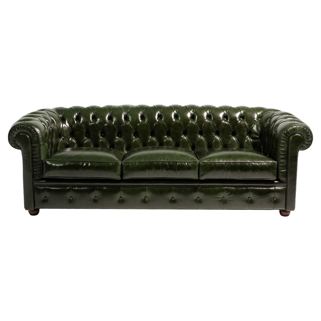 Chesterfield Green Leather 3-Seater Sofa