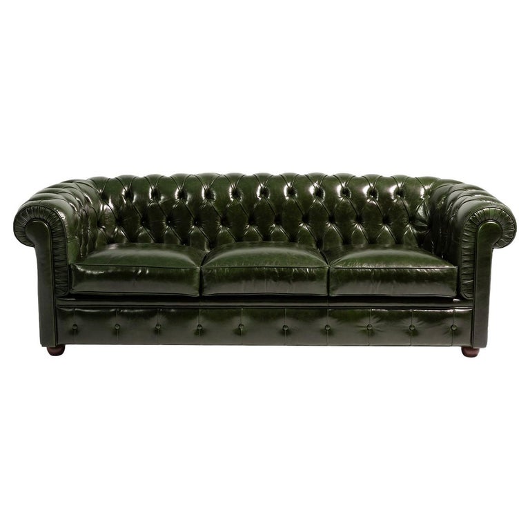 Chesterfield Green Leather 3-Seater Sofa For Sale