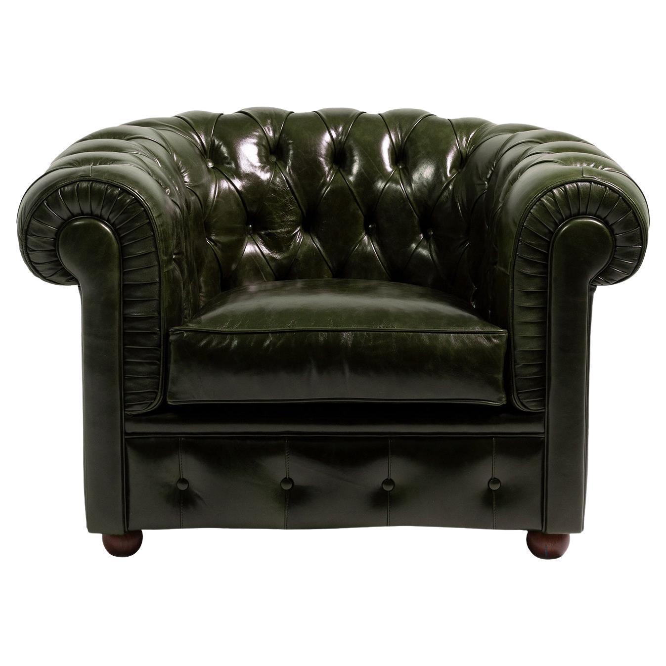 Chesterfield Green Leather Armchair For Sale