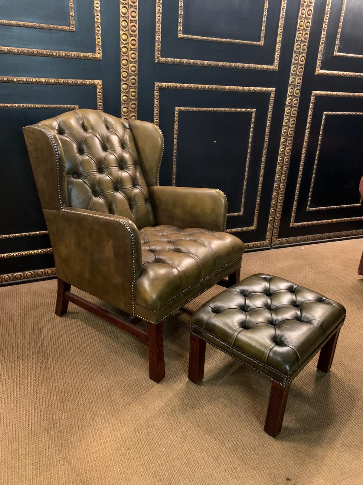 Chesterfield Green Leather Wingback Georgian H-Framed Armchair and Footstool 2