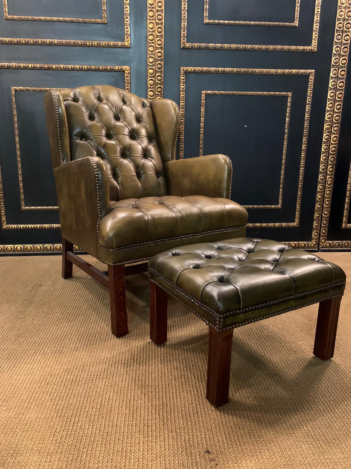 Chesterfield Green Leather Wingback Georgian H-Framed Armchair and Footstool 8