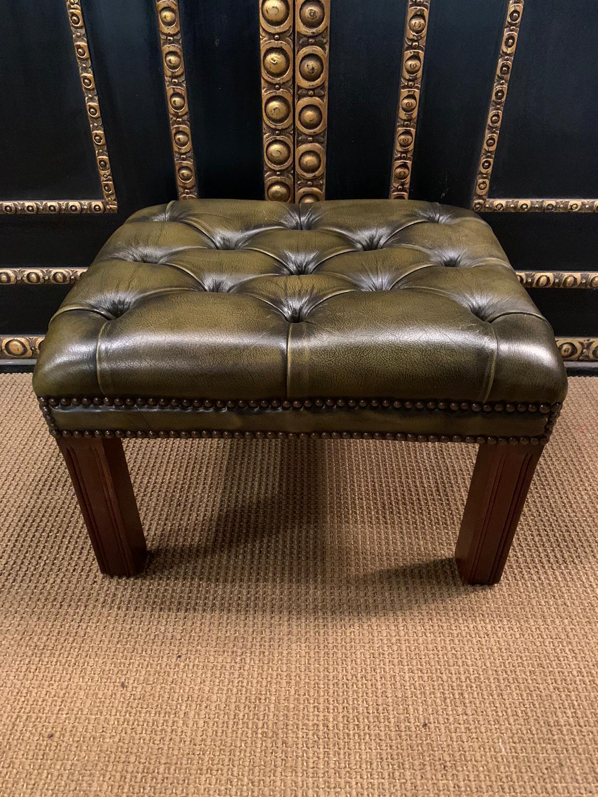 Chesterfield Green Leather Wingback Georgian H-Framed Armchair and Footstool 9