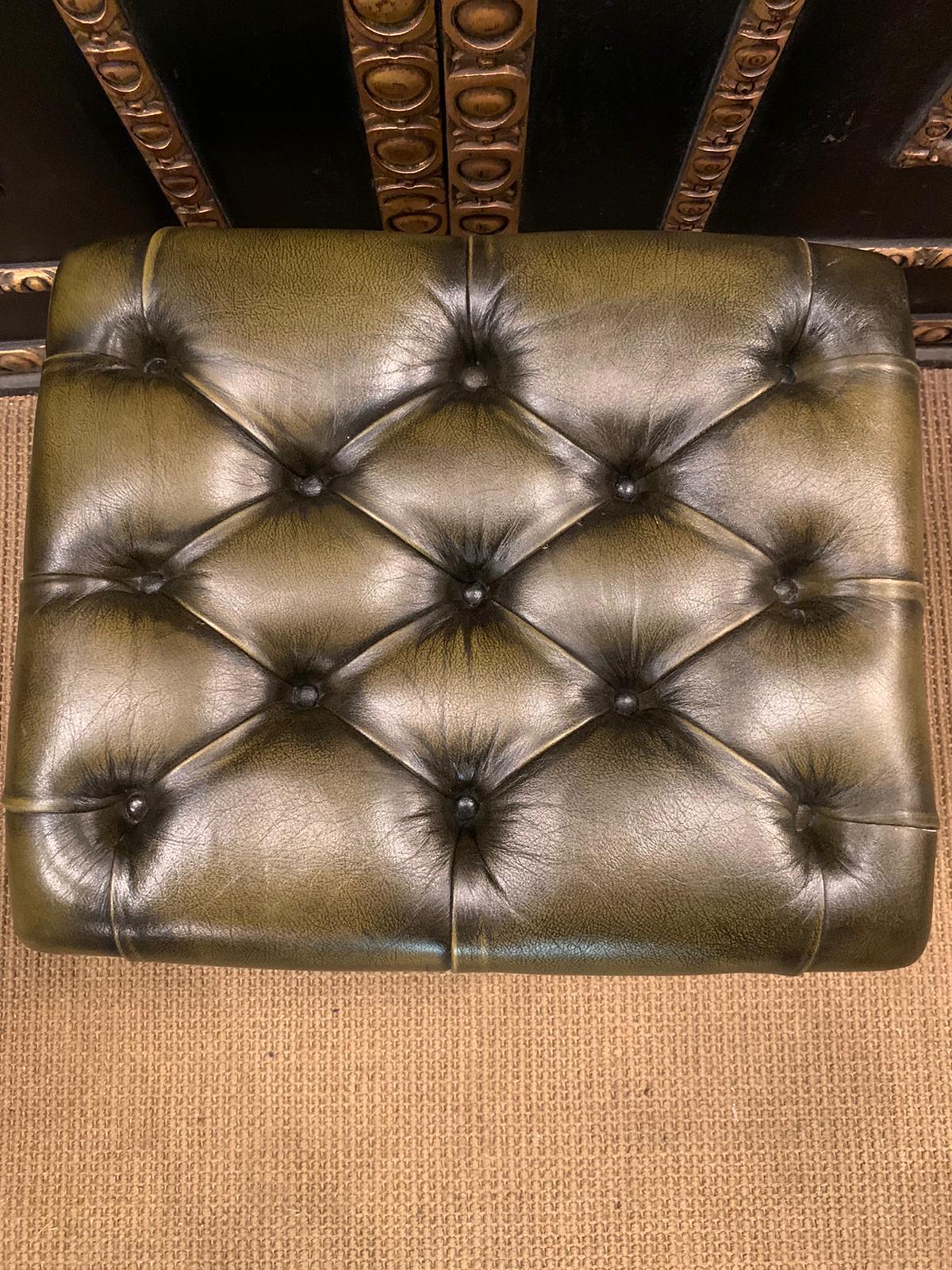 Chesterfield Green Leather Wingback Georgian H-Framed Armchair and Footstool 10