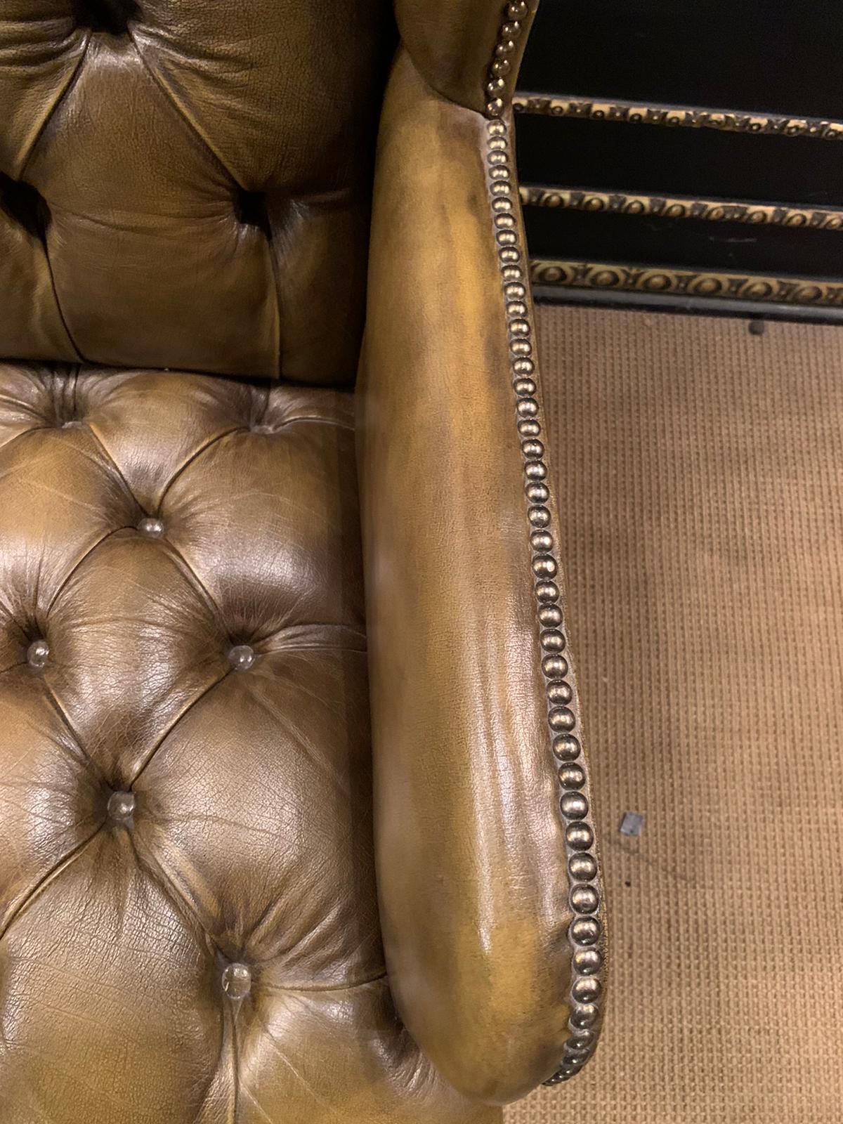 English Chesterfield Green Leather Wingback Georgian H-Framed Armchair and Footstool