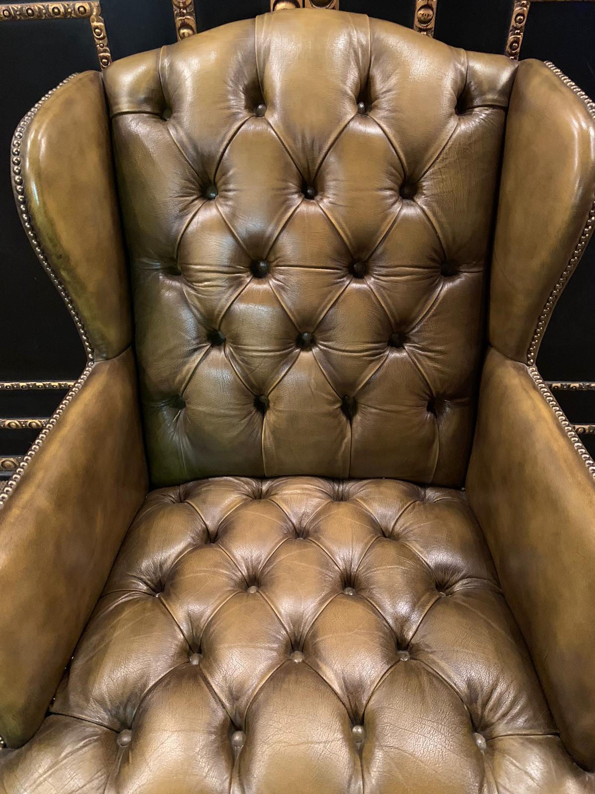 20th Century Chesterfield Green Leather Wingback Georgian H-Framed Armchair and Footstool