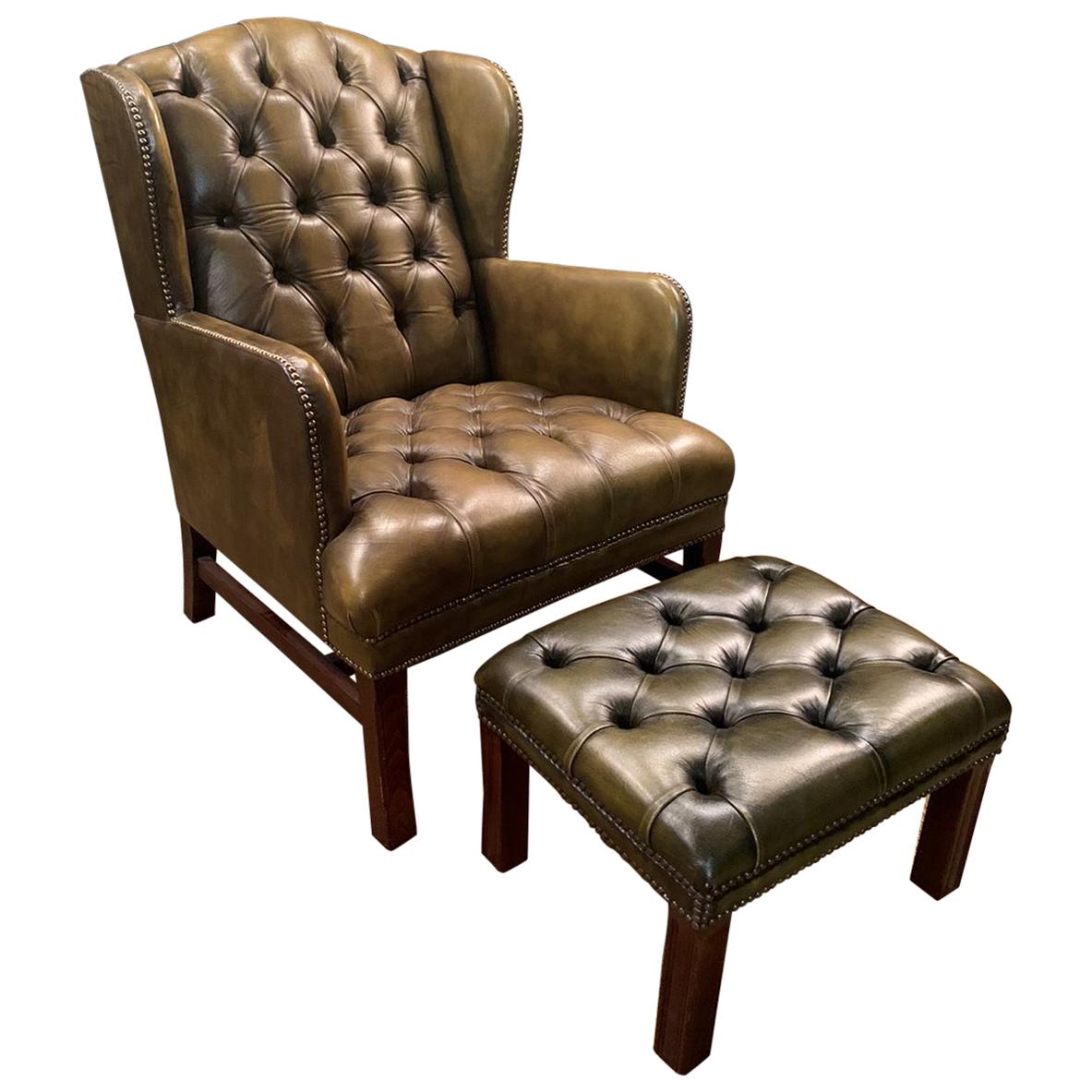 Chesterfield Green Leather Wingback Georgian H-Framed Armchair and Footstool