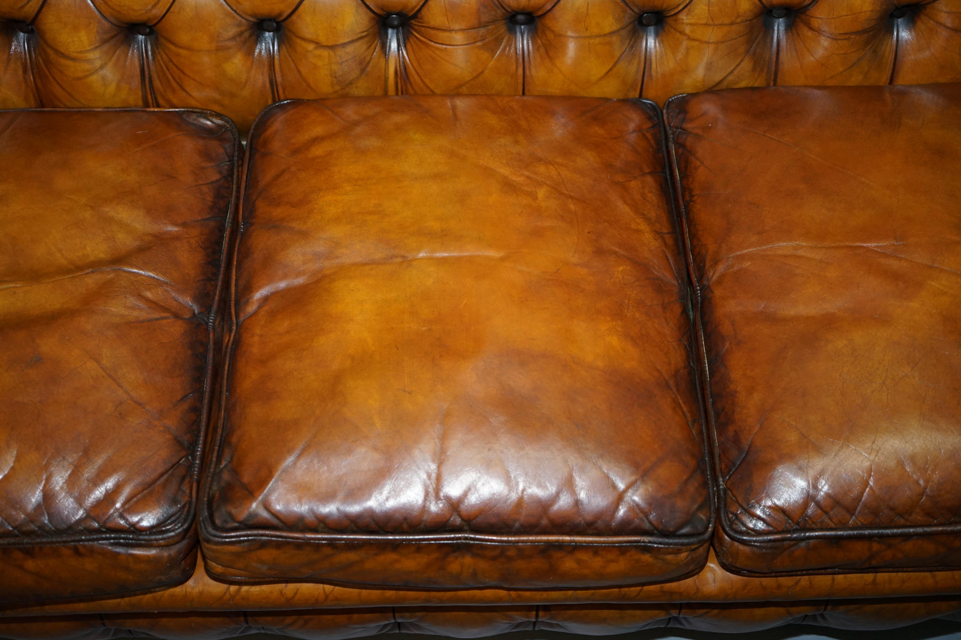 Chesterfield Hand Dyed Brown Leather Sofa Coil Sprung Feather Filled Cushions 1