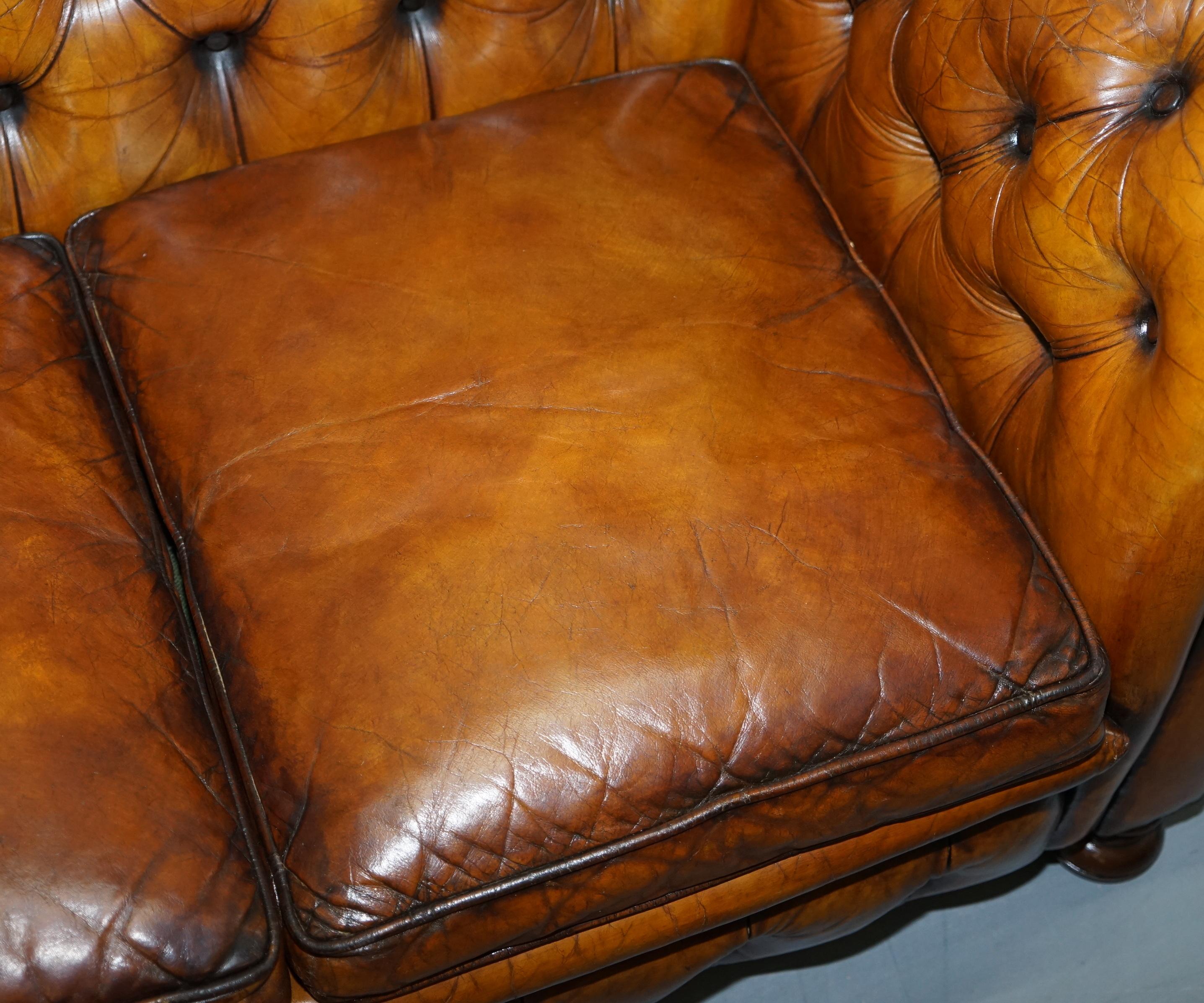 Chesterfield Hand Dyed Brown Leather Sofa Coil Sprung Feather Filled Cushions 2