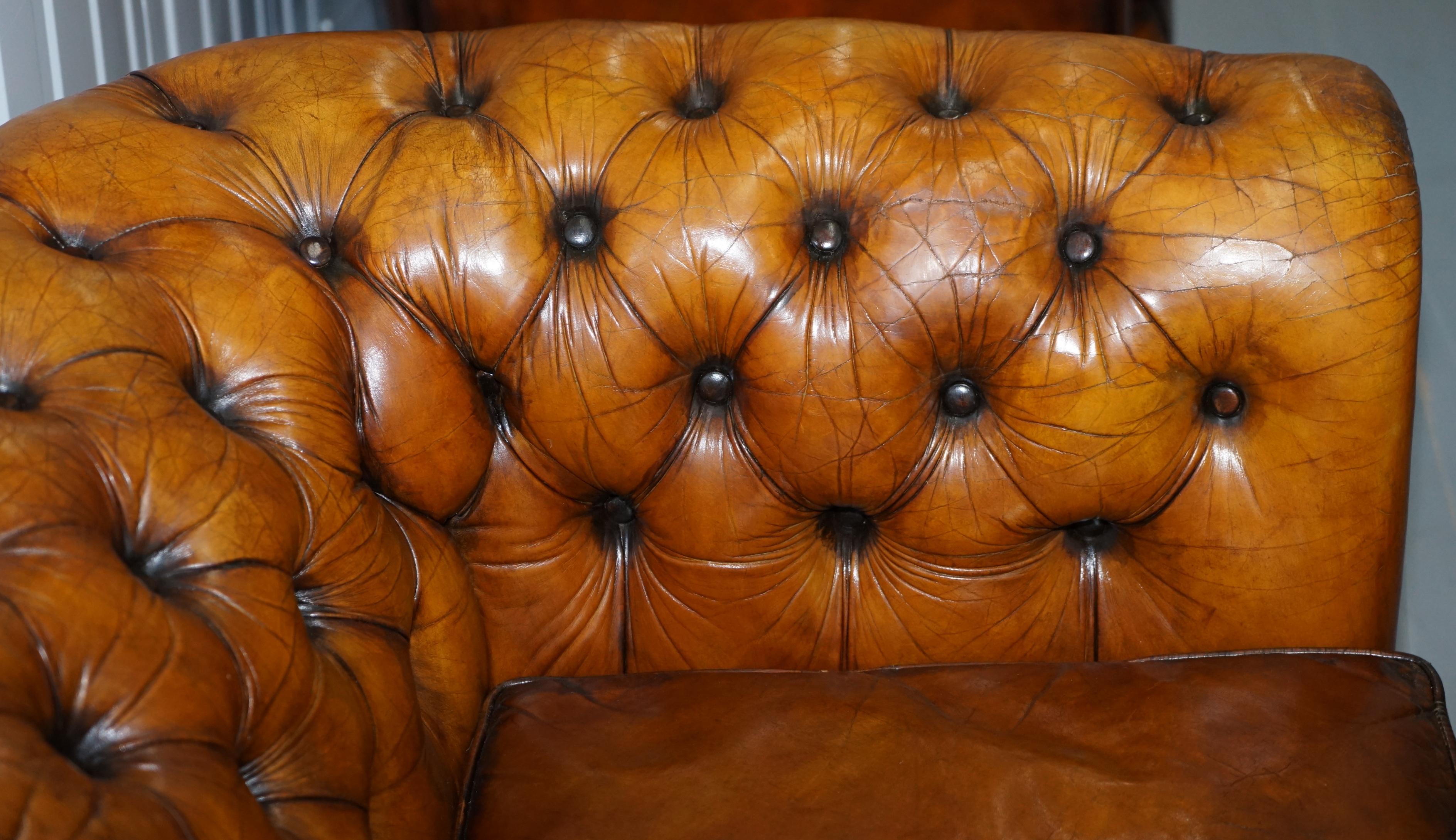 Chesterfield Hand Dyed Brown Leather Sofa Coil Sprung Feather Filled Cushions 4