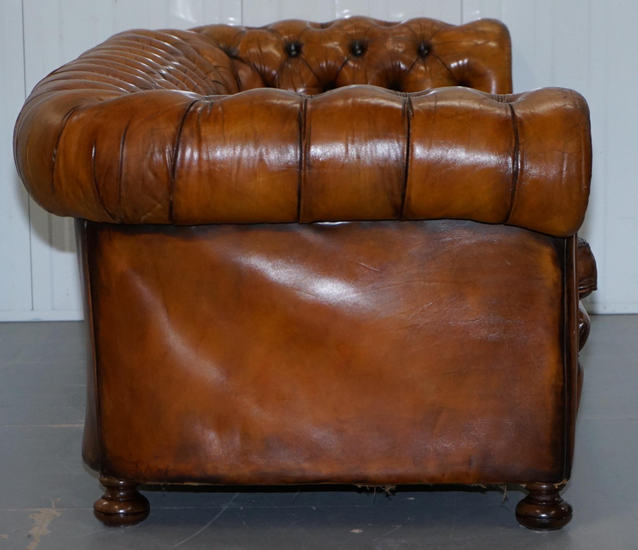 Chesterfield Hand Dyed Brown Leather Sofa Coil Sprung Feather Filled Cushions 6