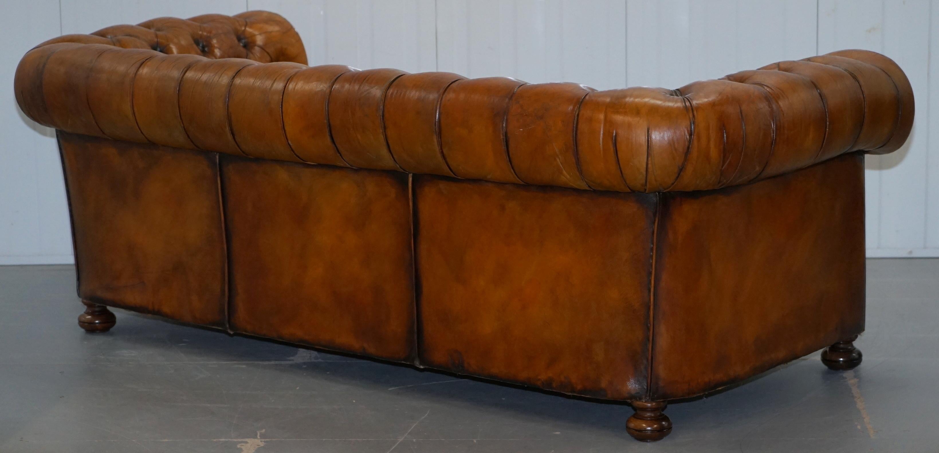 Chesterfield Hand Dyed Brown Leather Sofa Coil Sprung Feather Filled Cushions 7