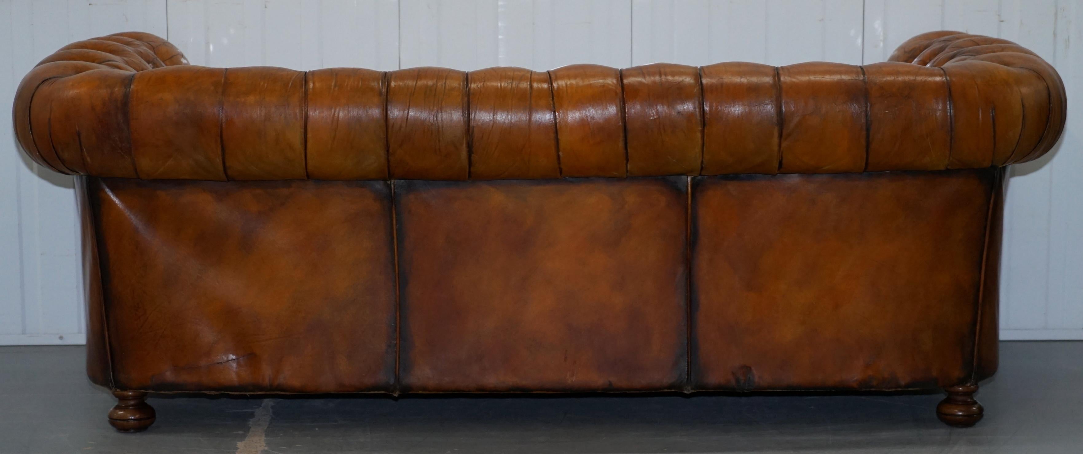 Chesterfield Hand Dyed Brown Leather Sofa Coil Sprung Feather Filled Cushions 7