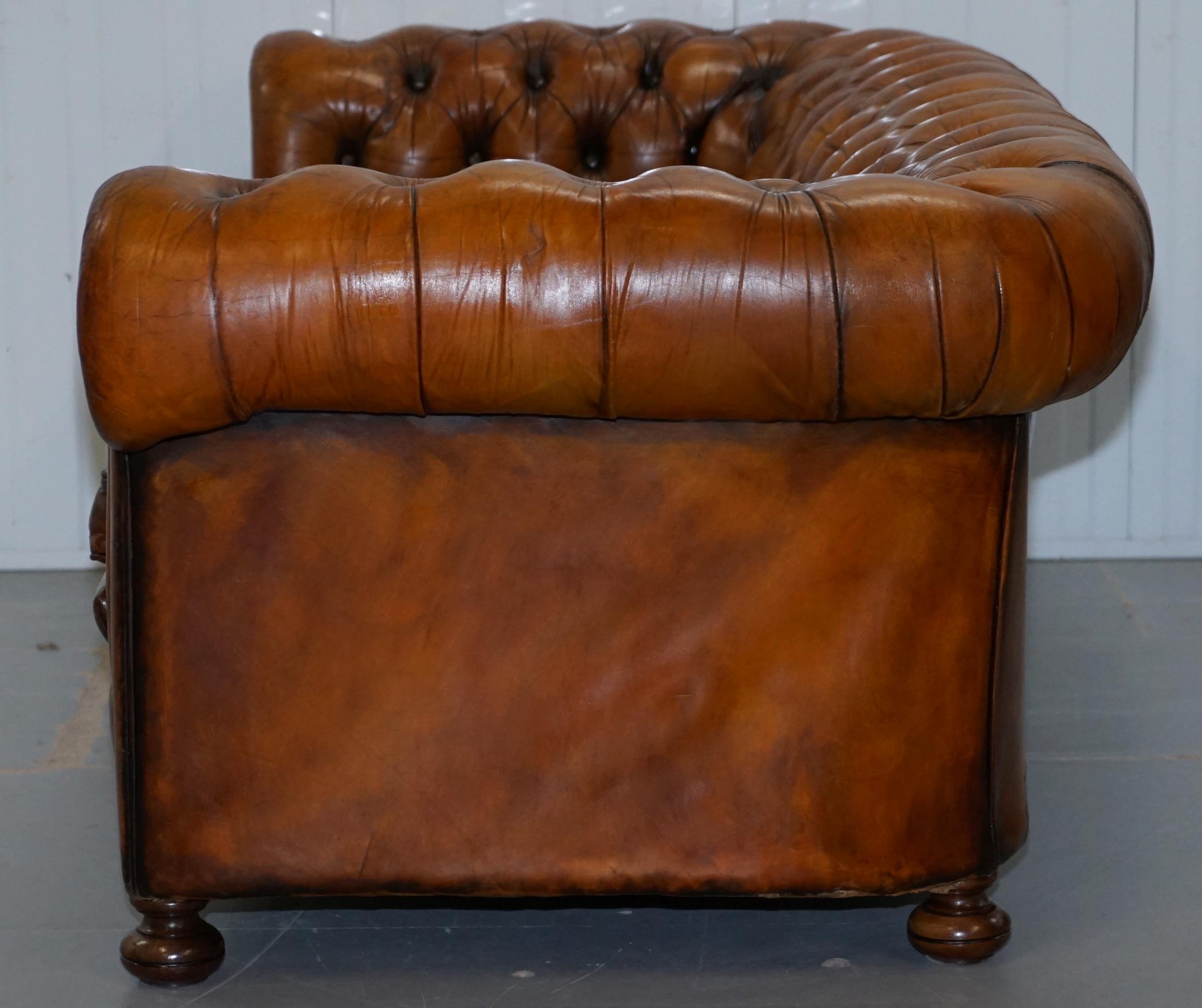 Chesterfield Hand Dyed Brown Leather Sofa Coil Sprung Feather Filled Cushions 9