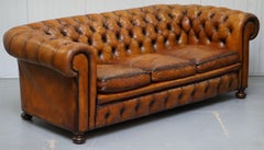 Chesterfield Hand Dyed Brown Leather Sofa Coil Sprung Feather Filled Cushions
