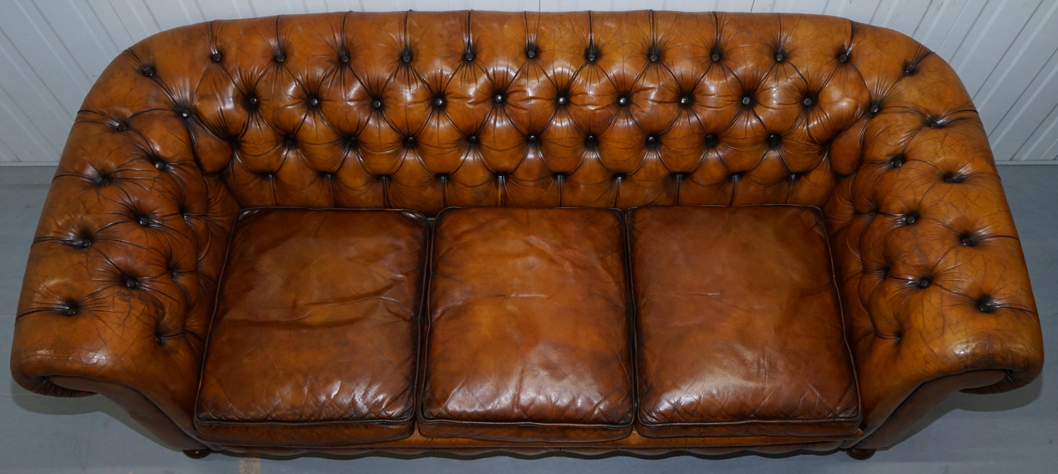 Victorian Chesterfield Hand Dyed Brown Leather Sofa Coil Sprung Feather Filled Cushions