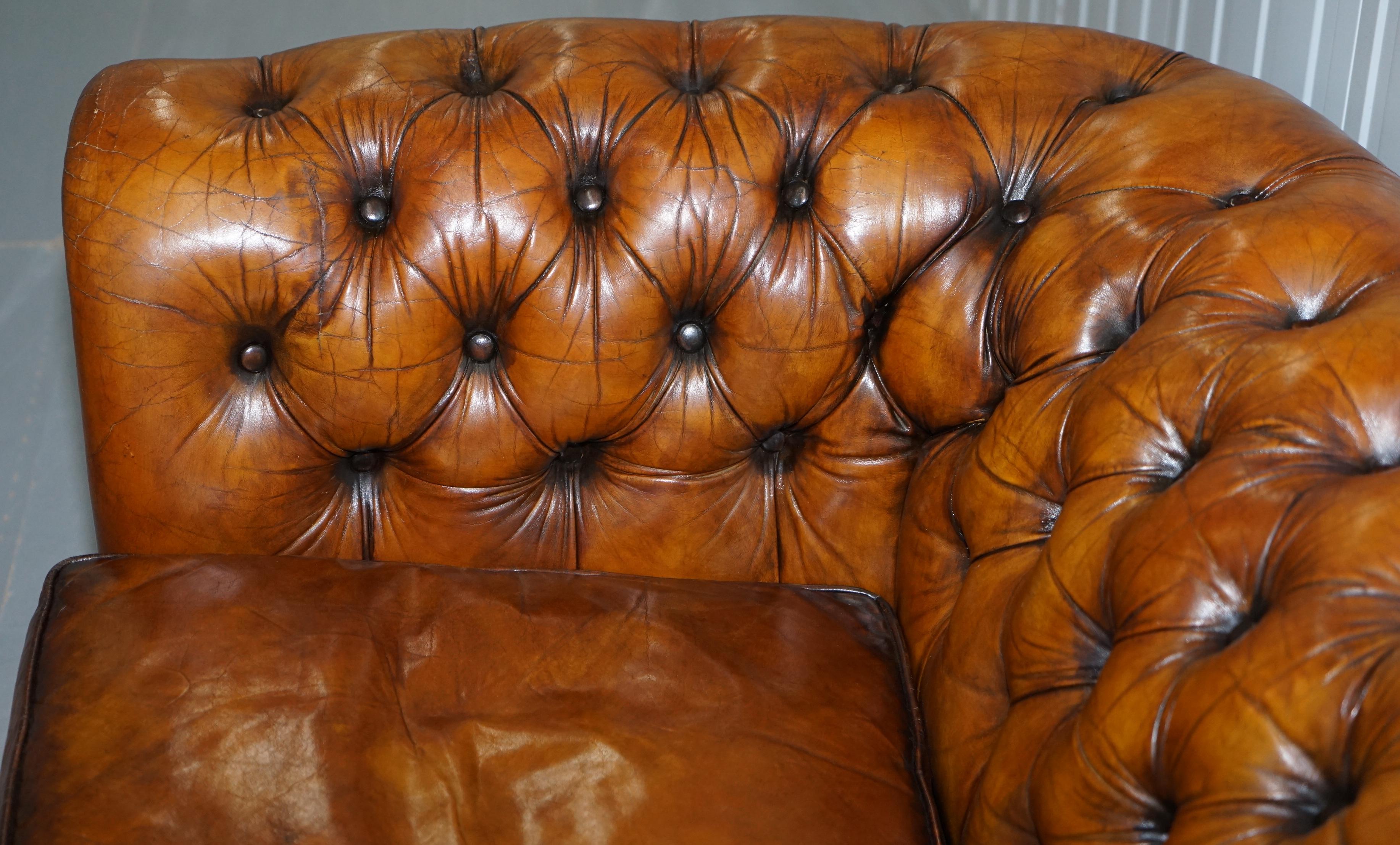 English Chesterfield Hand Dyed Brown Leather Sofa Coil Sprung Feather Filled Cushions