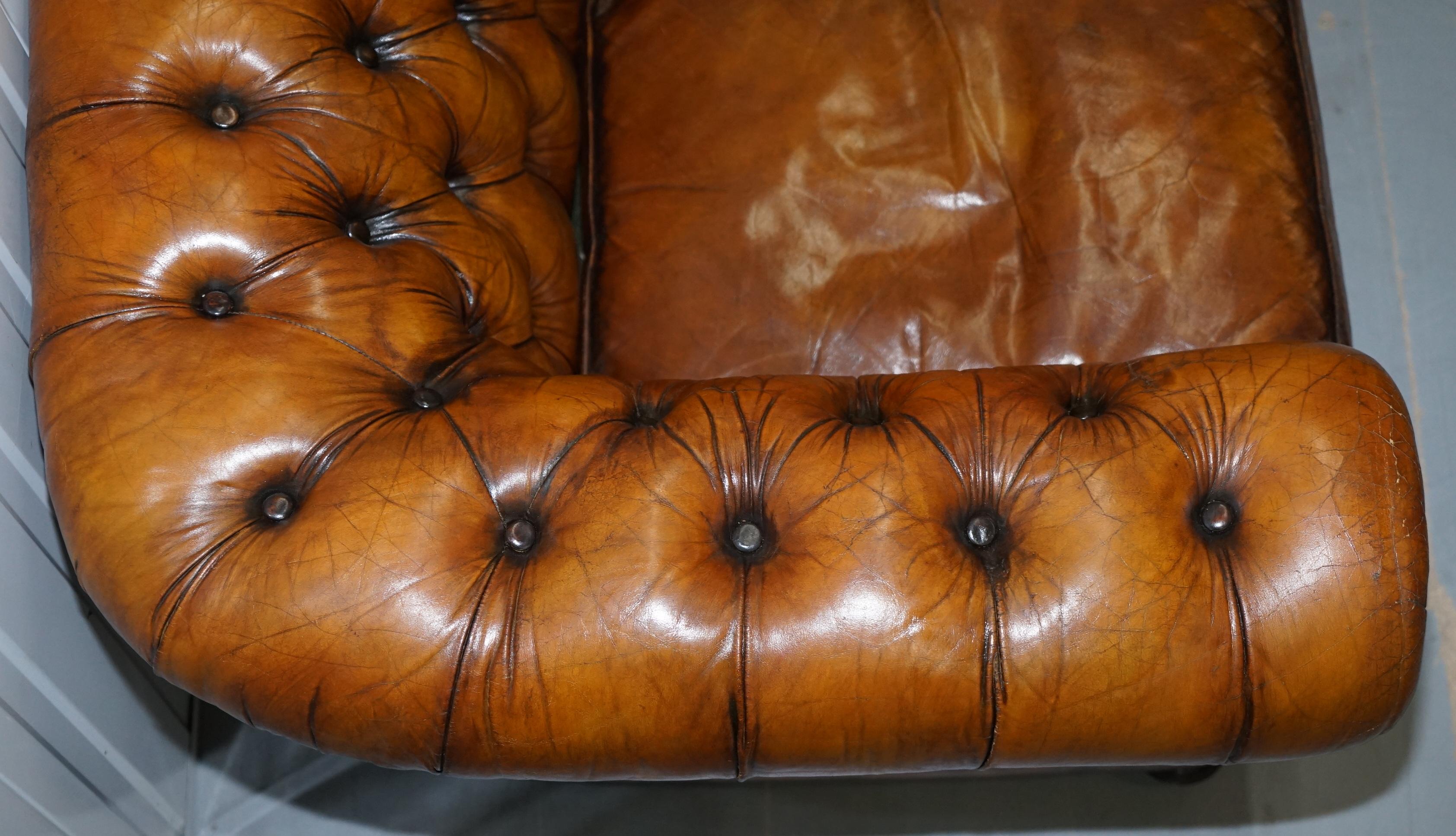 Hand-Crafted Chesterfield Hand Dyed Brown Leather Sofa Coil Sprung Feather Filled Cushions