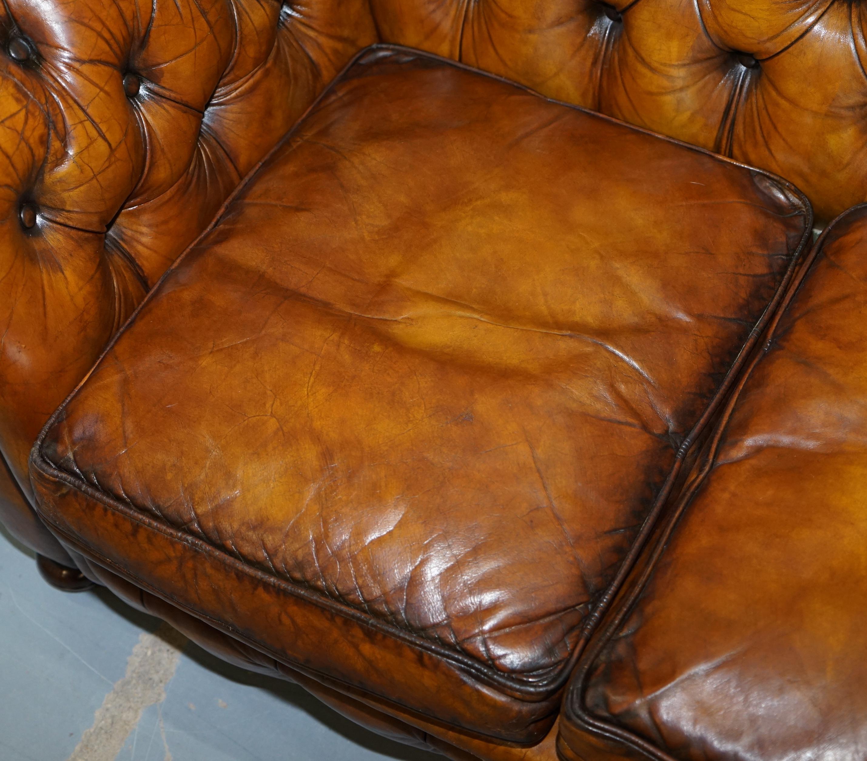 20th Century Chesterfield Hand Dyed Brown Leather Sofa Coil Sprung Feather Filled Cushions