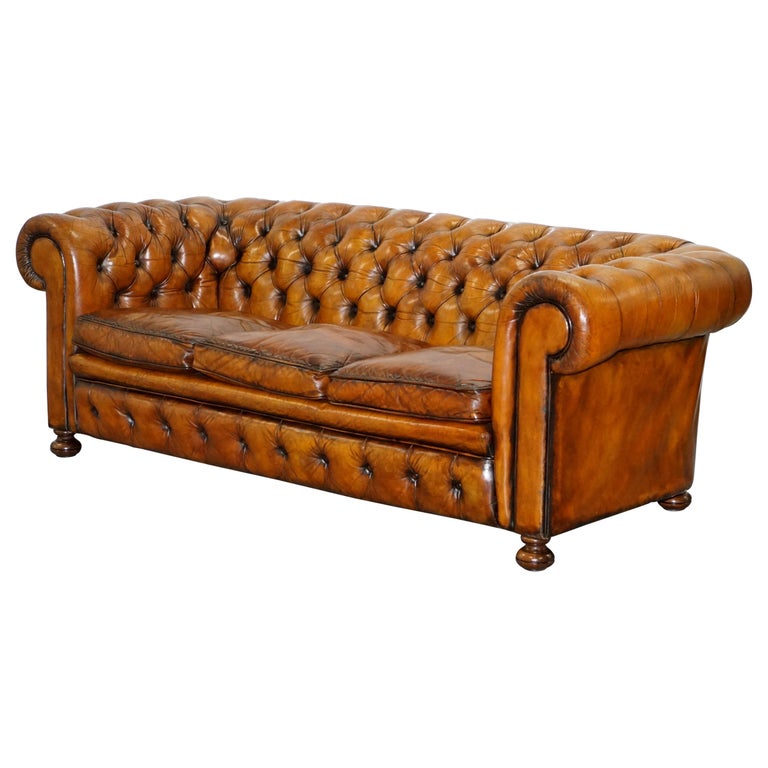 Chesterfield Hand Dyed Brown Leather Sofa Coil Sprung Feather