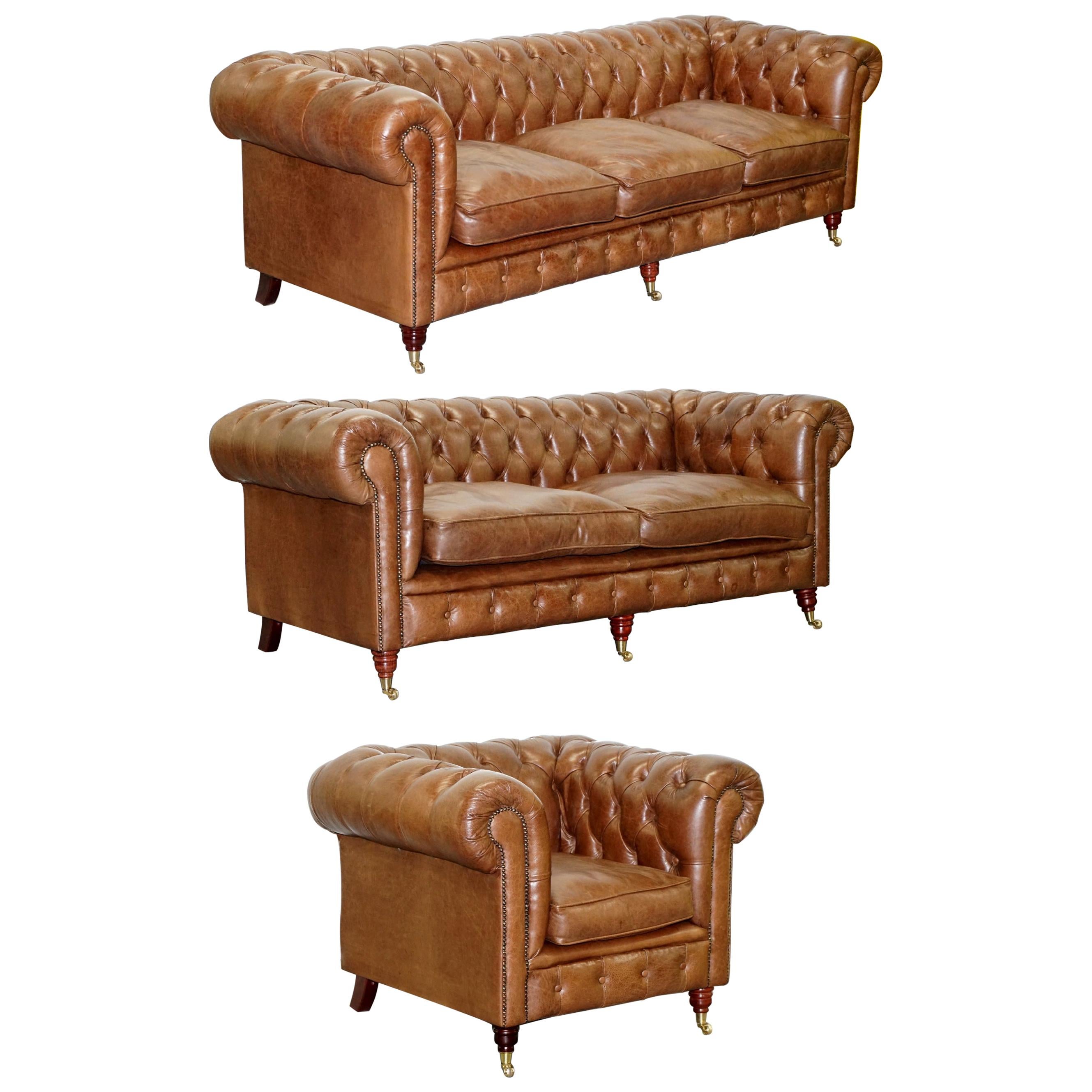 Chesterfield Heritage Brown Leather Sofas & Armchair Suite 2-3 3-4 Seat Sofas