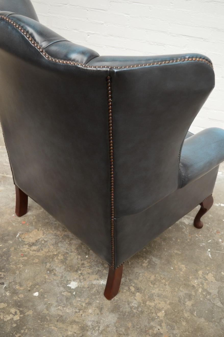 Chesterfield High Back Wingchair in Antique Blue Leather For Sale 1