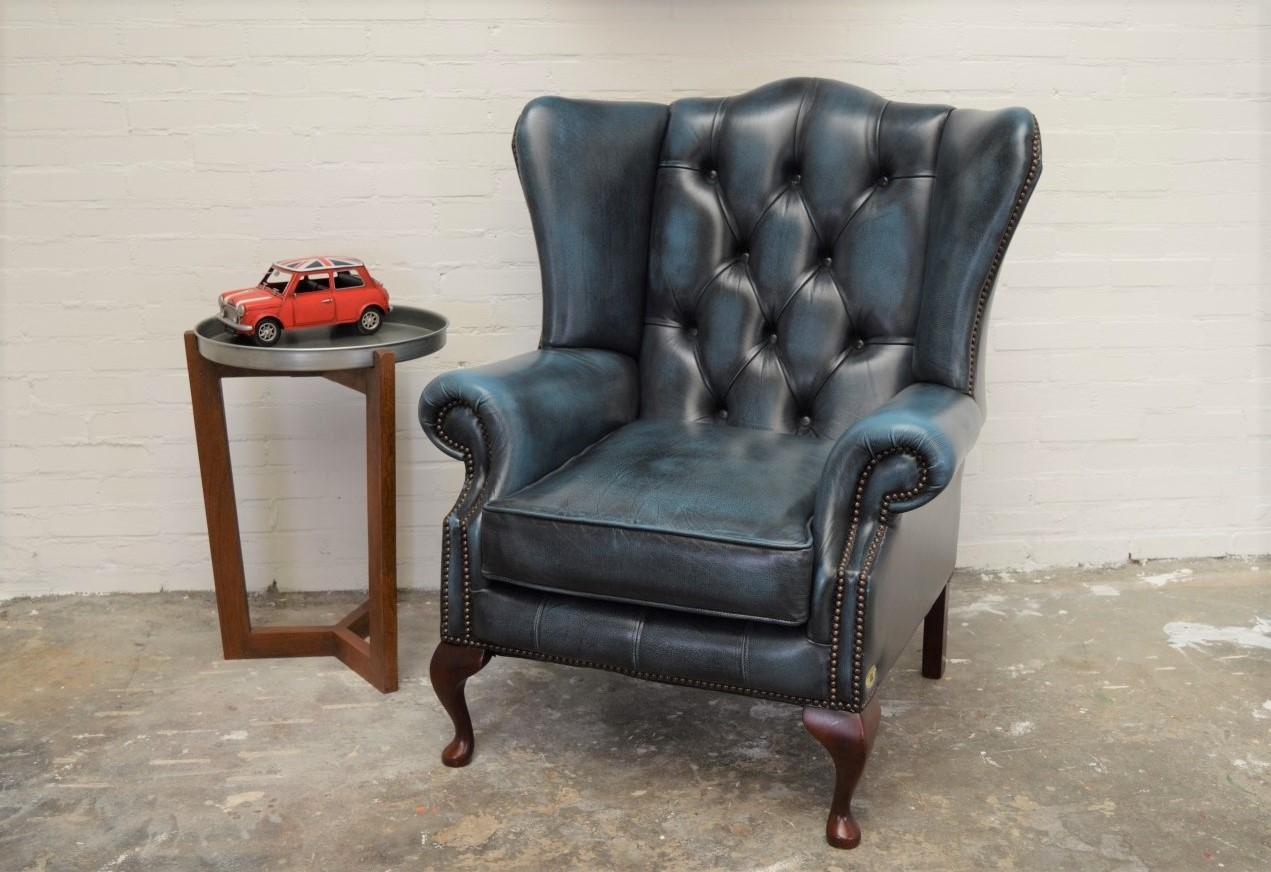 Chesterfield High Back Wingchair in Antique Blue Leather For Sale 3
