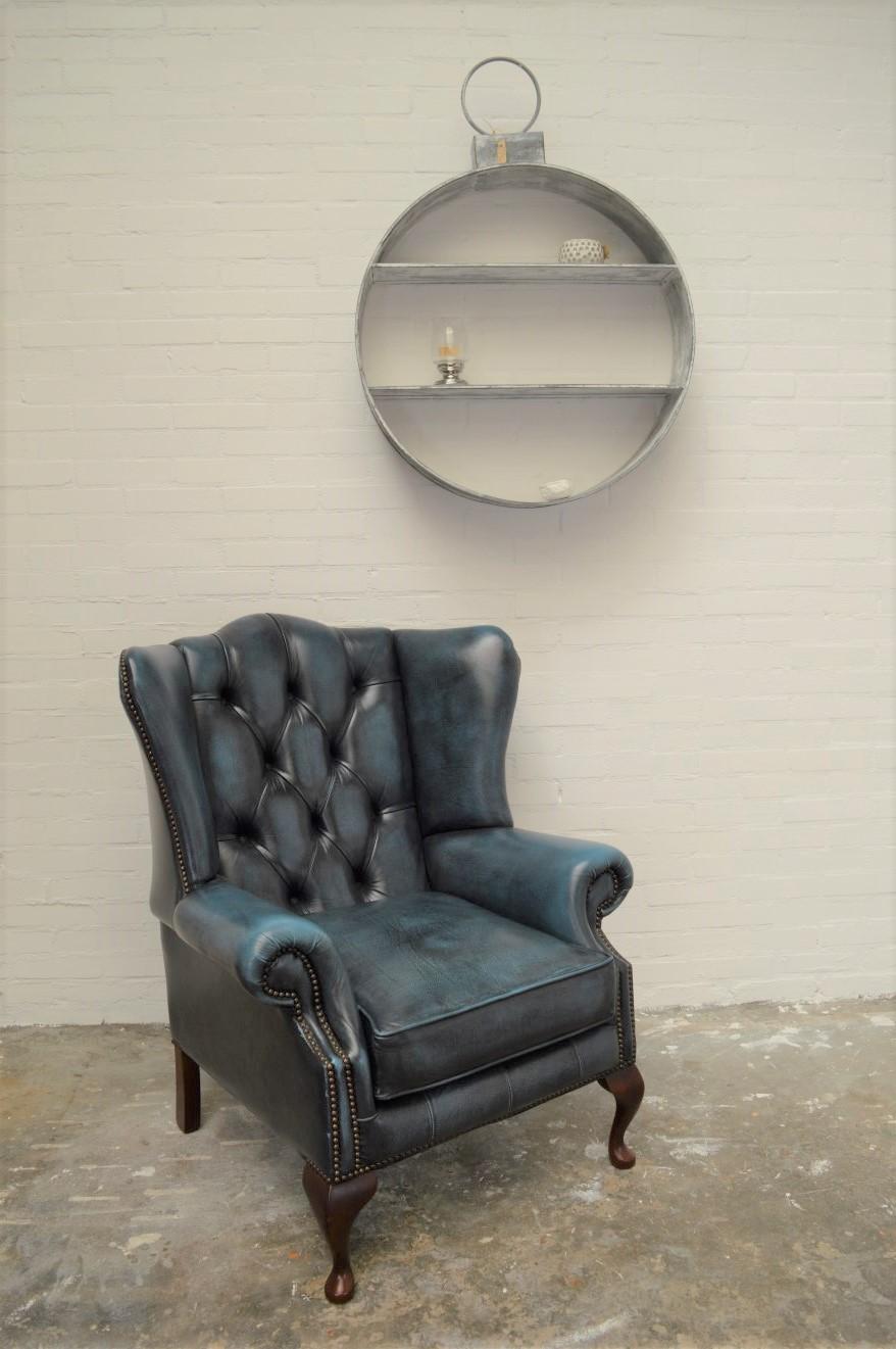 Chesterfield High Back Wingchair in Antique Blue Leather For Sale 4