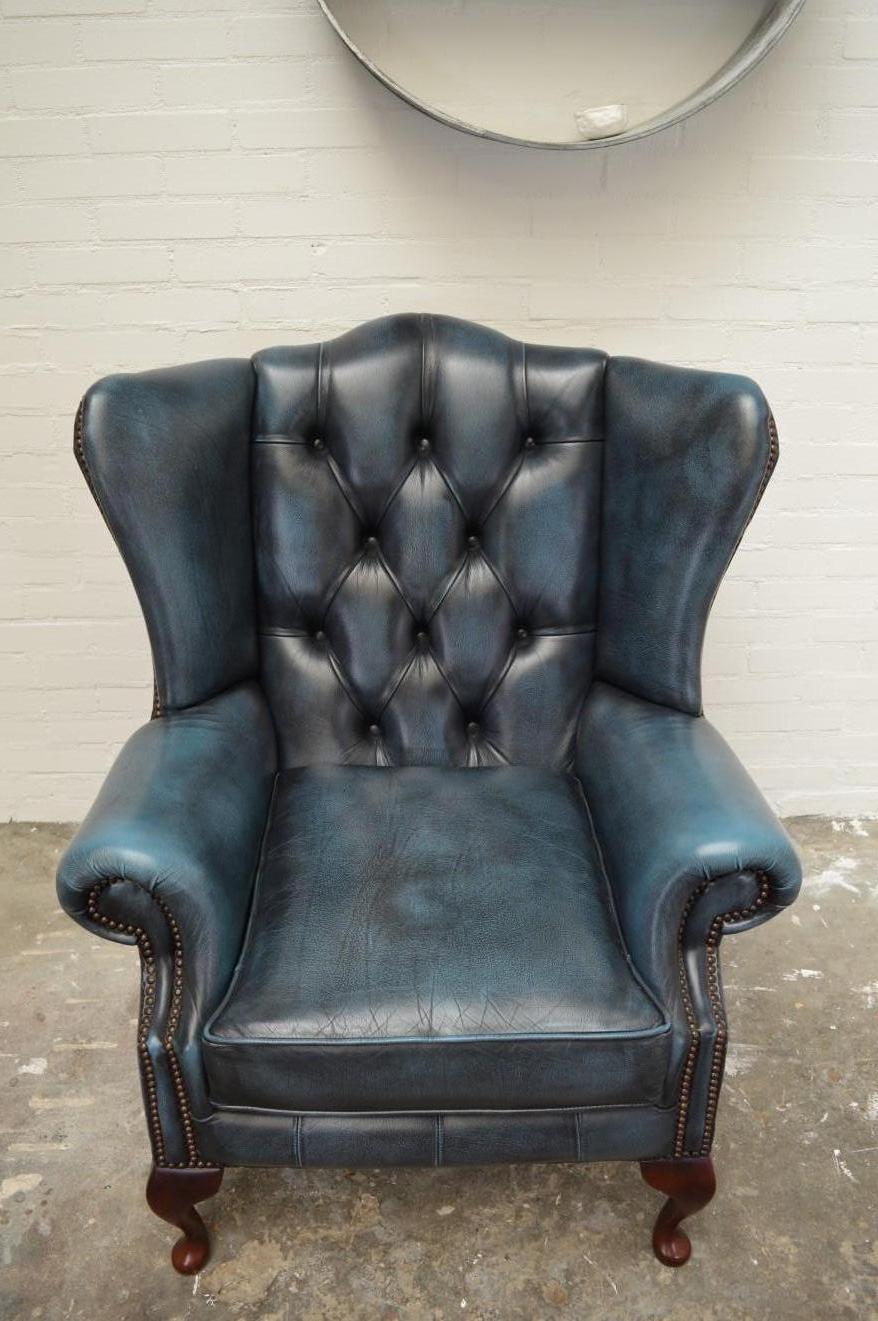 Chesterfield High Back Wingchair in Antique Blue Leather For Sale 5