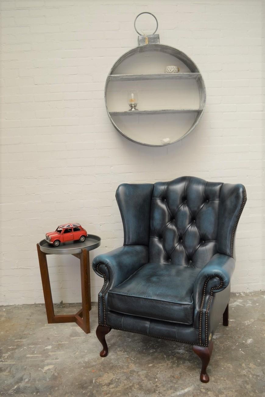 Chesterfield High Back Wingchair in Antique Blue Leather For Sale 7