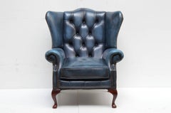 Chesterfield High Back Wingchair in Antique Blue Leather
