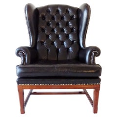 Vintage Chesterfield Highback Leather Chair, Black, 1960s, UK, Armchair