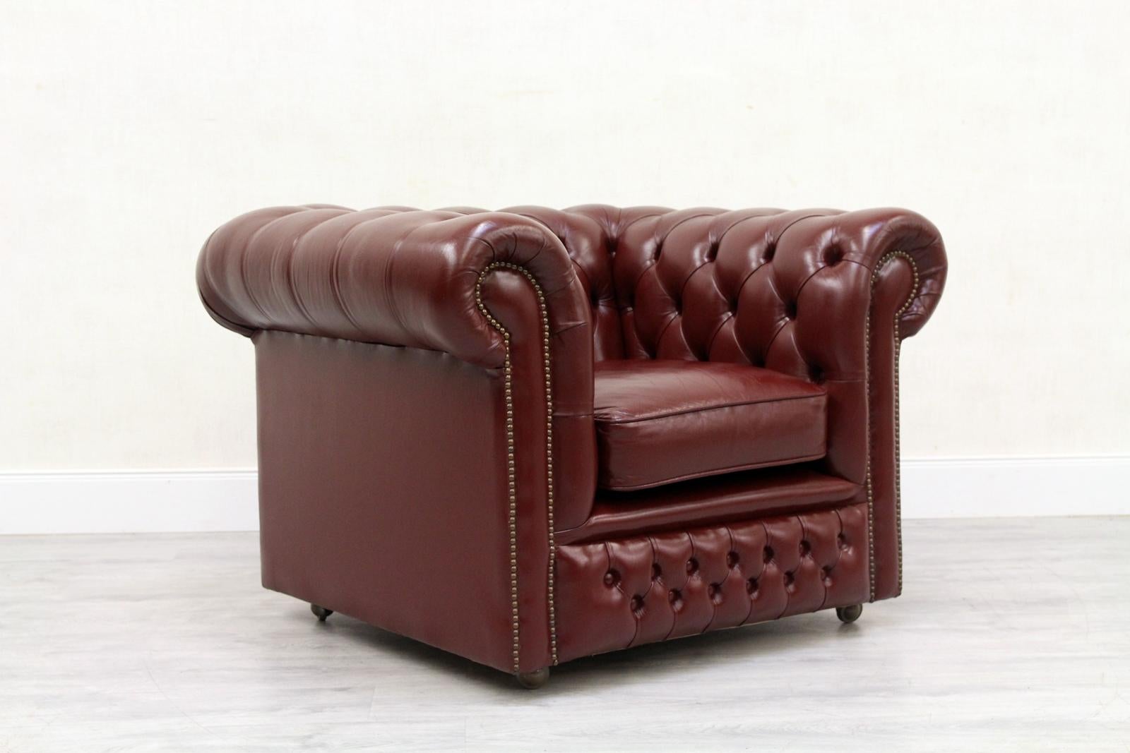 Chesterfield Leather Armchair Antique Vintage English Armchair Oxblood For Sale 2