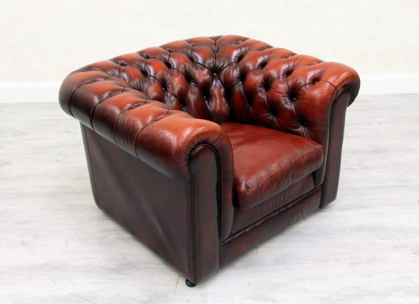 Chesterfield Leather Armchair Antique Vintage English Armchair Oxblood For Sale 3