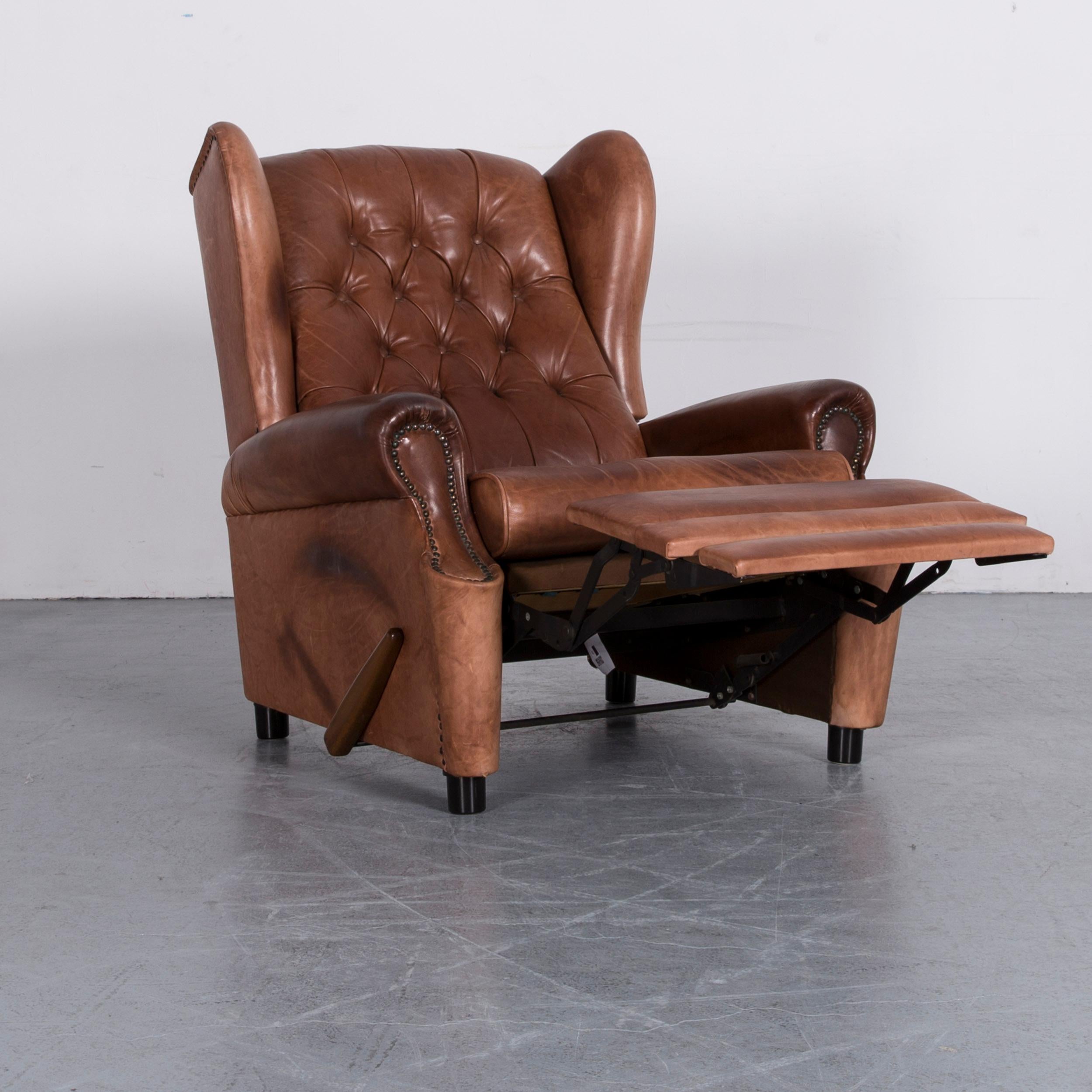 British Chesterfield Leather Armchair Brown One-Seat Vintage Retro with Relax Function