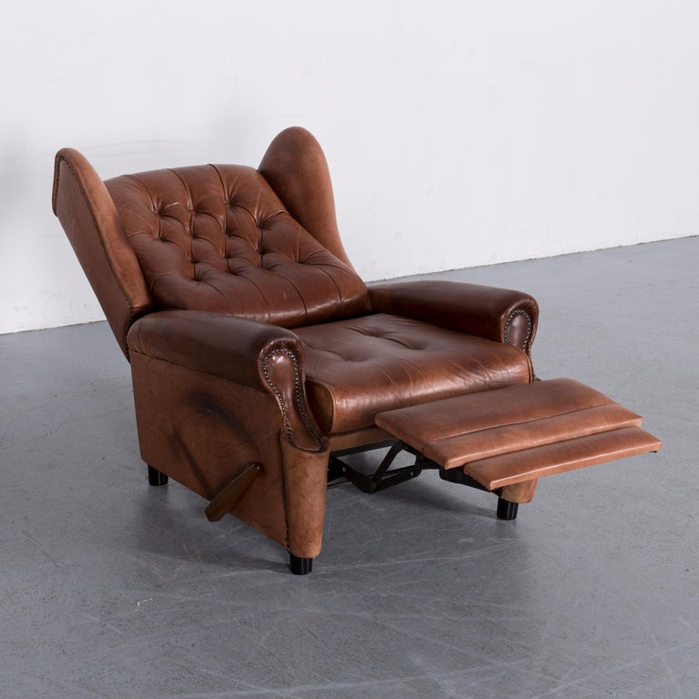 Chesterfield Leather Armchair Brown OneSeat Vintage Retro with Relax